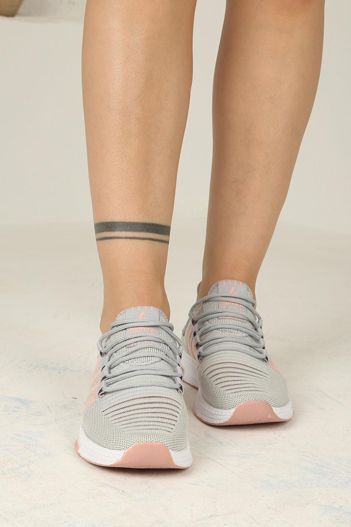 Kadın Bağcıklı Triko Spor Ayakkabı-Buz-Pudra