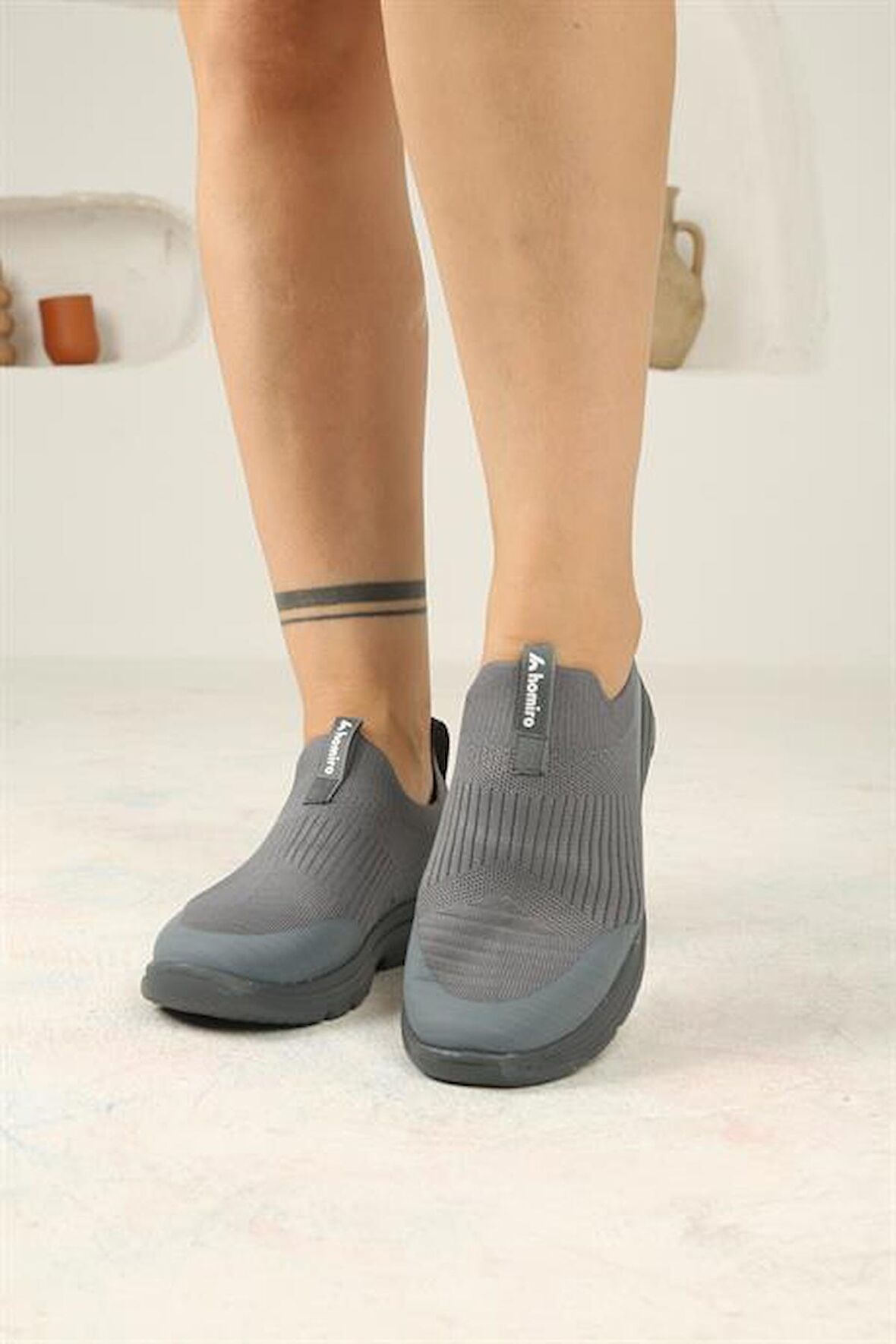 Kadın Ortopedik Bağcıksız Triko Spor Ayakkabı-Füme