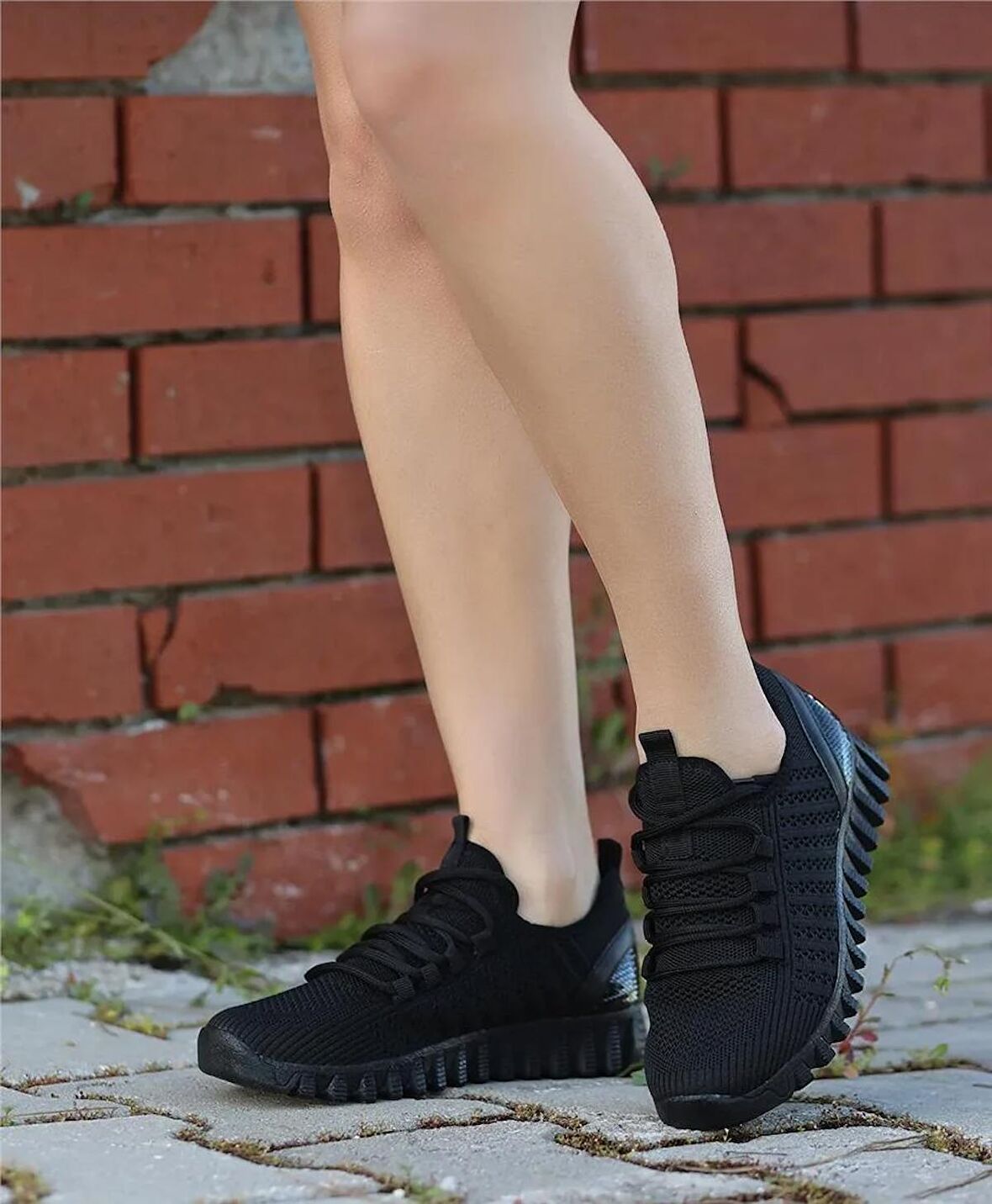 Kadın Bağcıklı Triko Spor Ayakkabı-Siyah