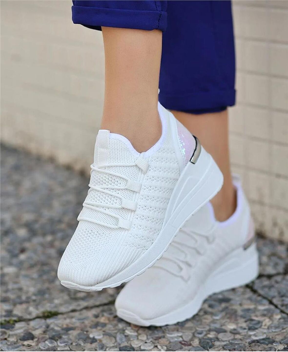 Kadın Bağcıklı Triko Dolgu Topuklu Sneaker-Beyaz