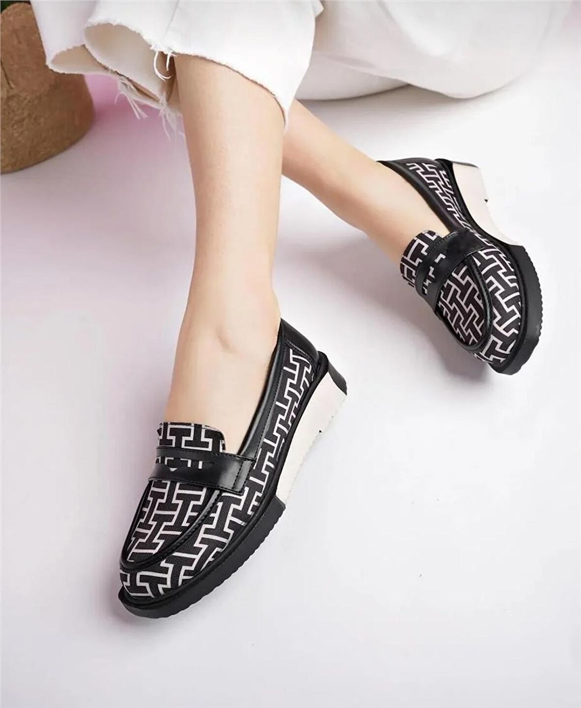 Kadın Loafer Günlük Eva Taban Casual Makosen Ayakkabı Siyah  Bej Desenli