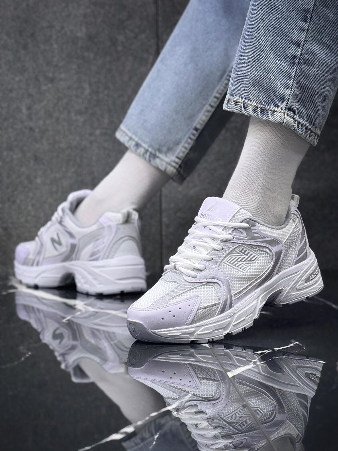 Kadın 530 Bağcıklı Ortopedik Triko Spor Sneaker Ayakkabı Beyaz