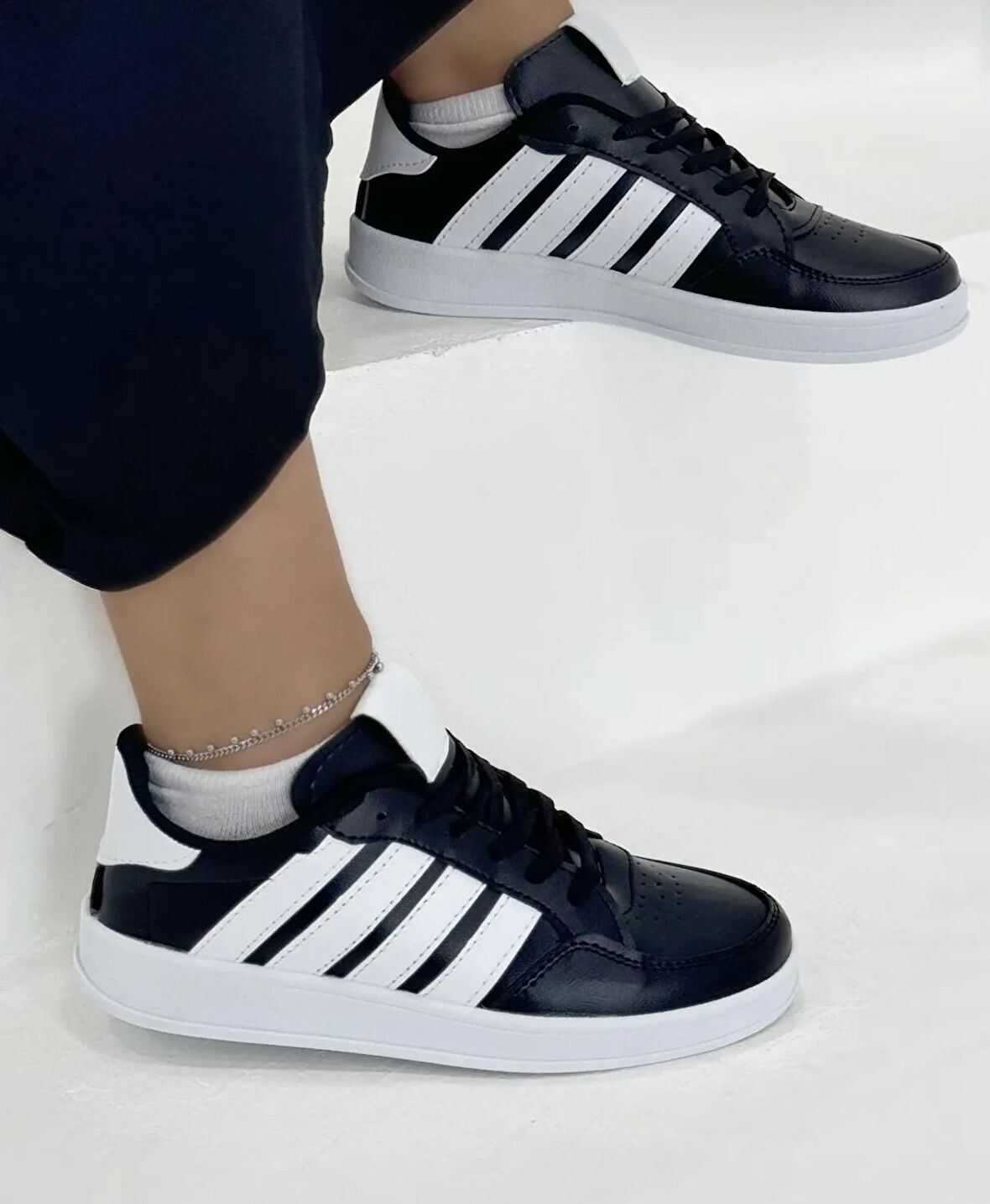 Unisex Cilt Günlük Rahat Sneaker-Siyah-Beyaz