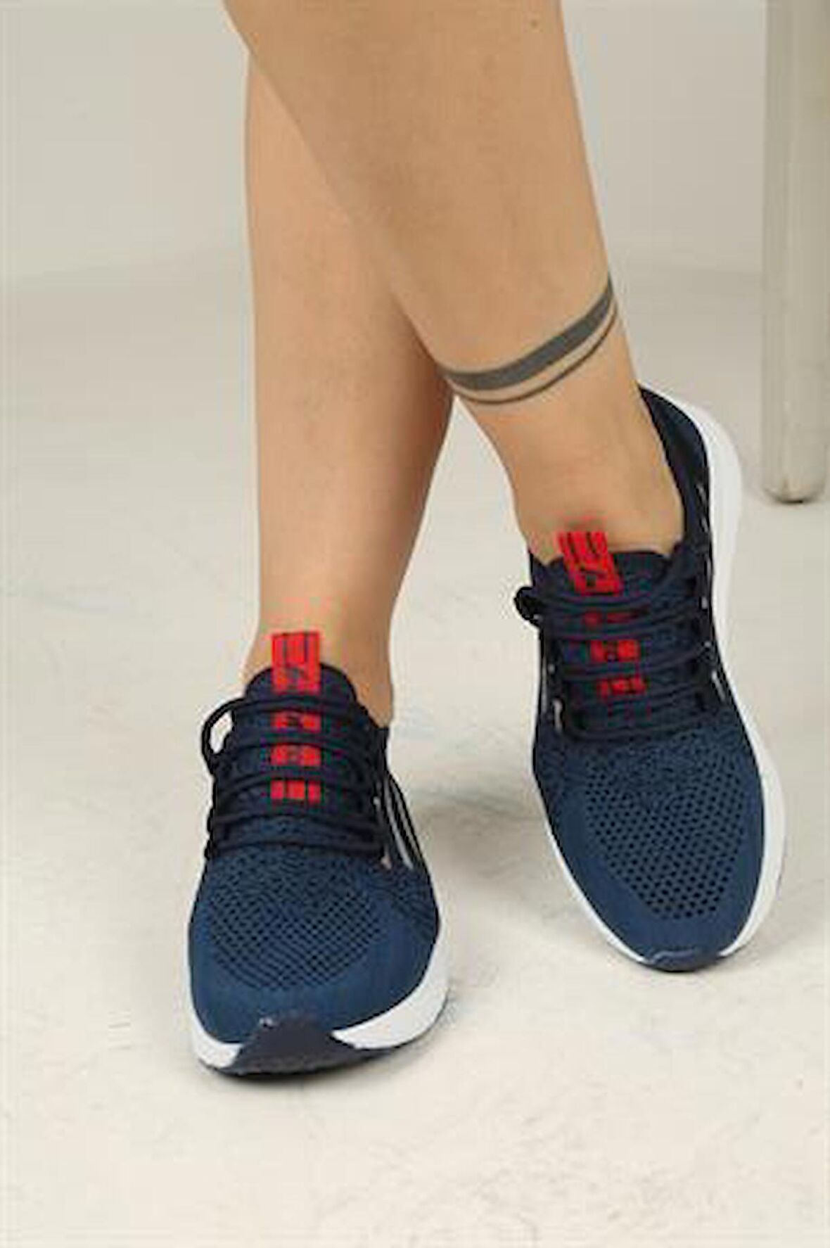 Bağcıklı Triko Kadın Spor Ayakkabı-Lacivert-Beyaz-Kırmızı