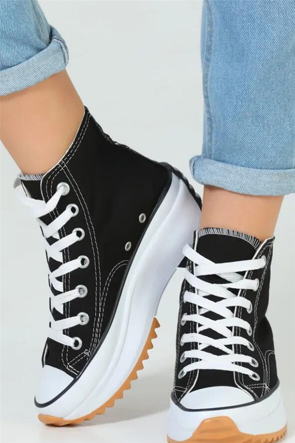 Bağcıklı Kadın Kalın Tabanlı Keten Spor Sneaker Ayakkabı-Siyah
