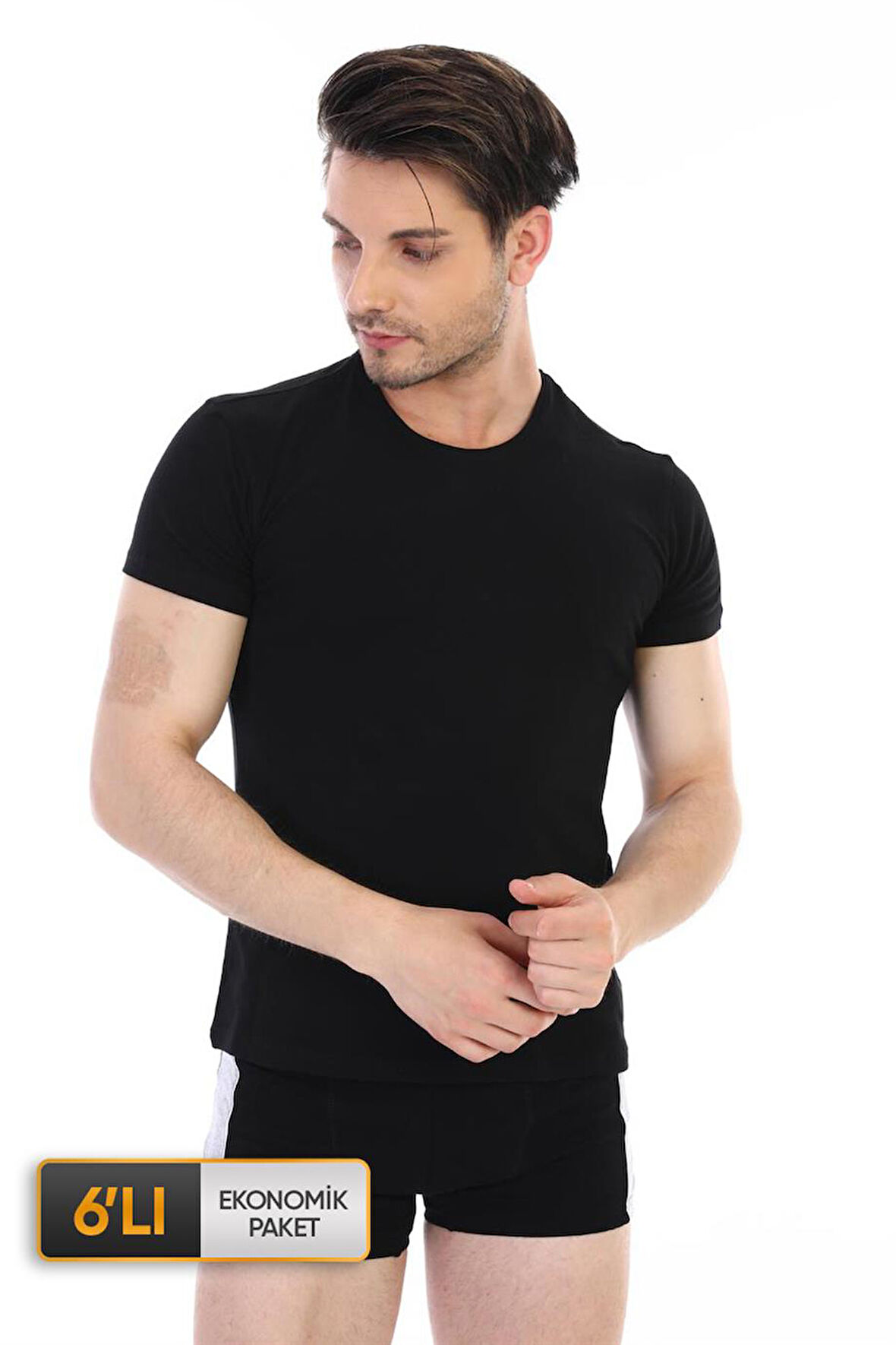 Erkek Elastanlı Siyah T-shirt 0954 6'lı Ekonomik Paket