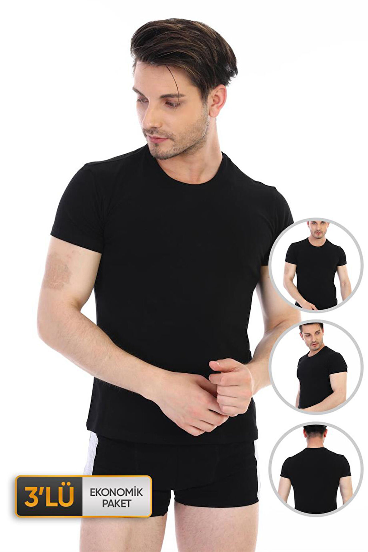 Erkek Elastanlı Siyah T-shirt 0954 3'lü Ekonomik Paket