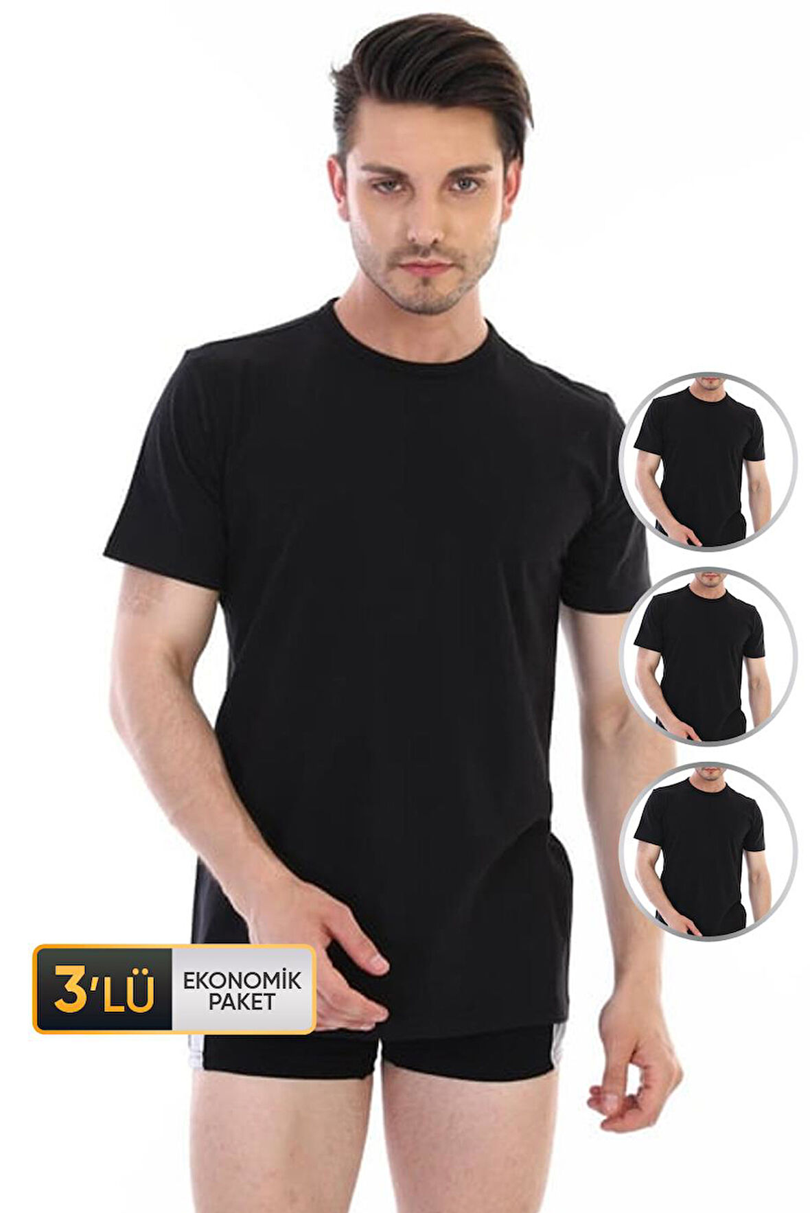 Erkek Süprem Bisiklet Yaka Siyah T-shirt 947 3'lü Ekonomik Paket