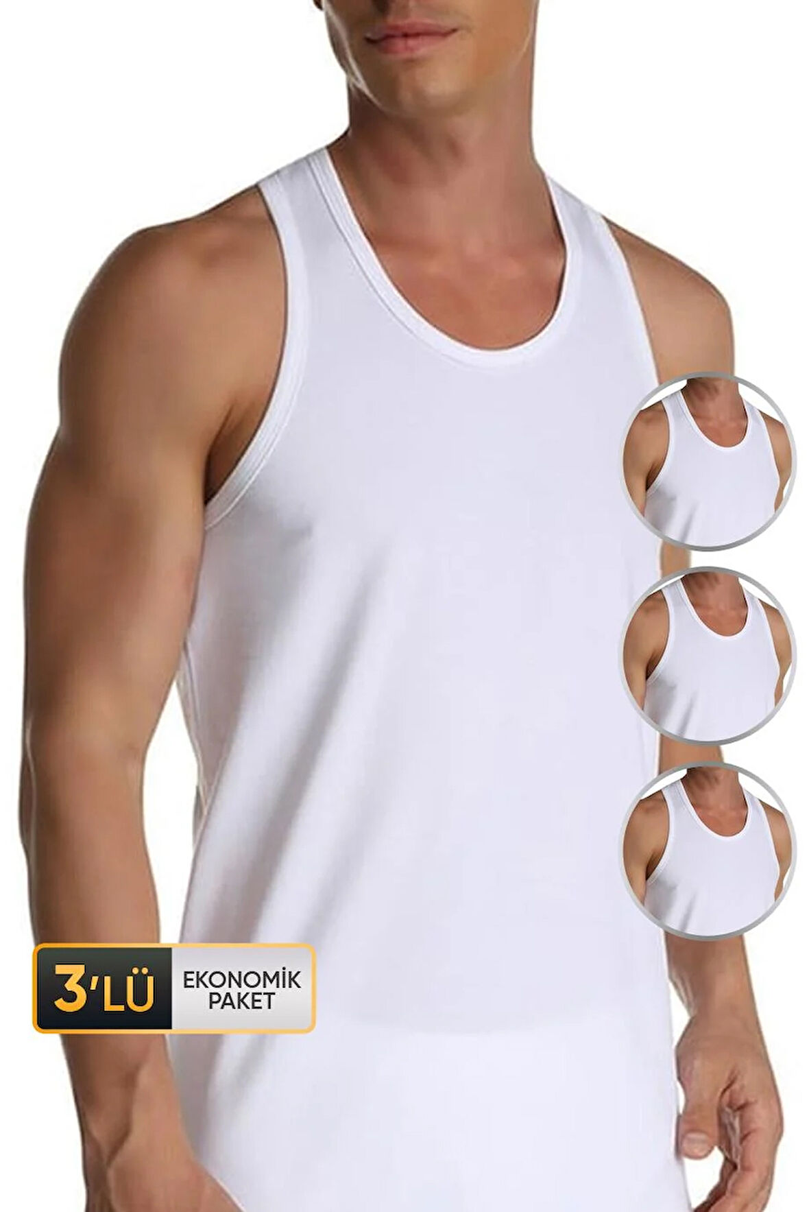 Erkek Elastanlı Spor Beyaz Atlet 916 3'lü Ekonomik Paket