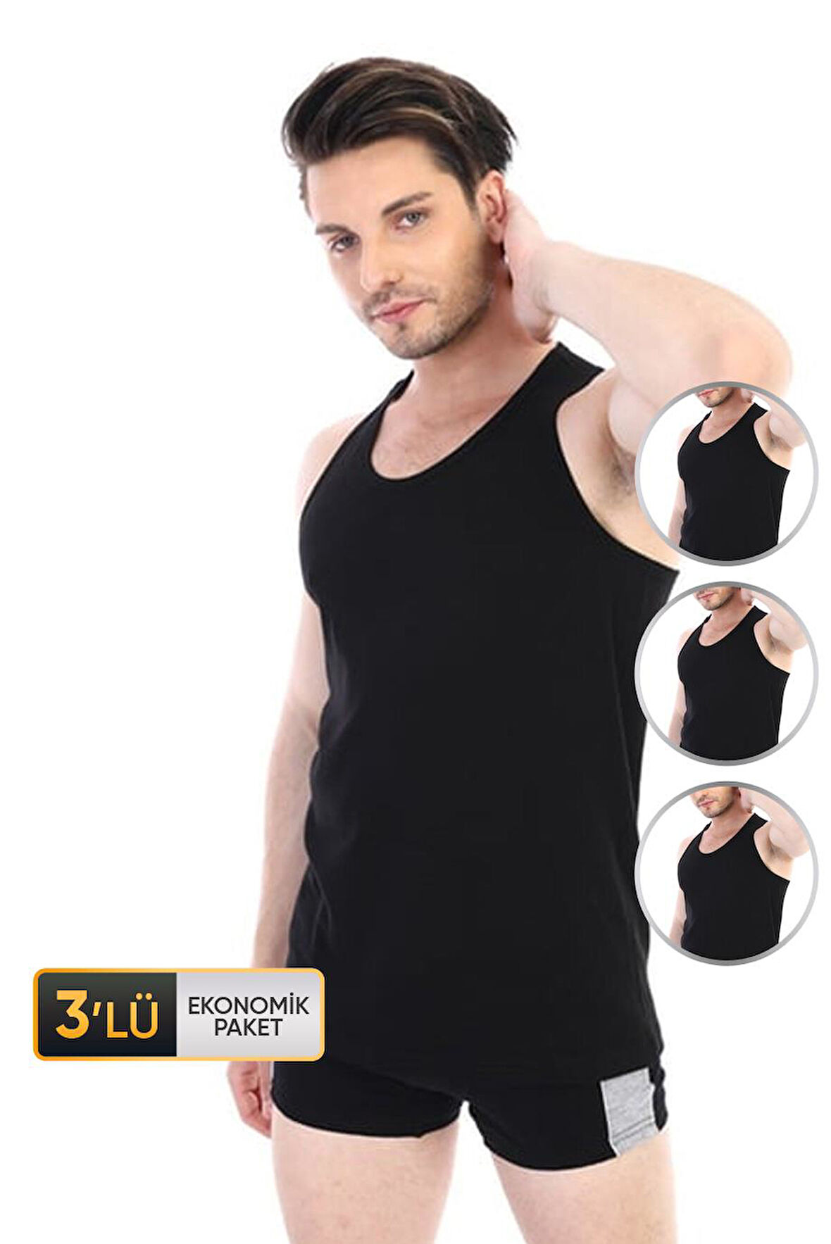 Erkek Elastanlı Spor Siyah Atlet 916 3'lü EKonomik Paket