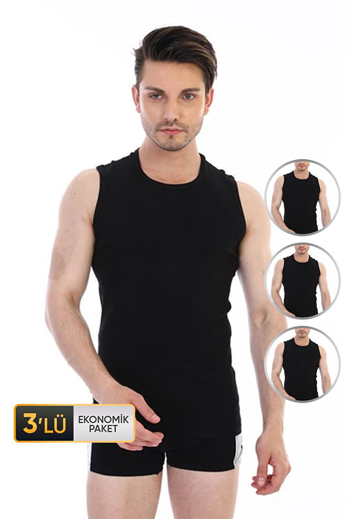 Erkek Ribana Kolsuz Spor Siyah Atlet 920 3'lü Ekonomik Paket