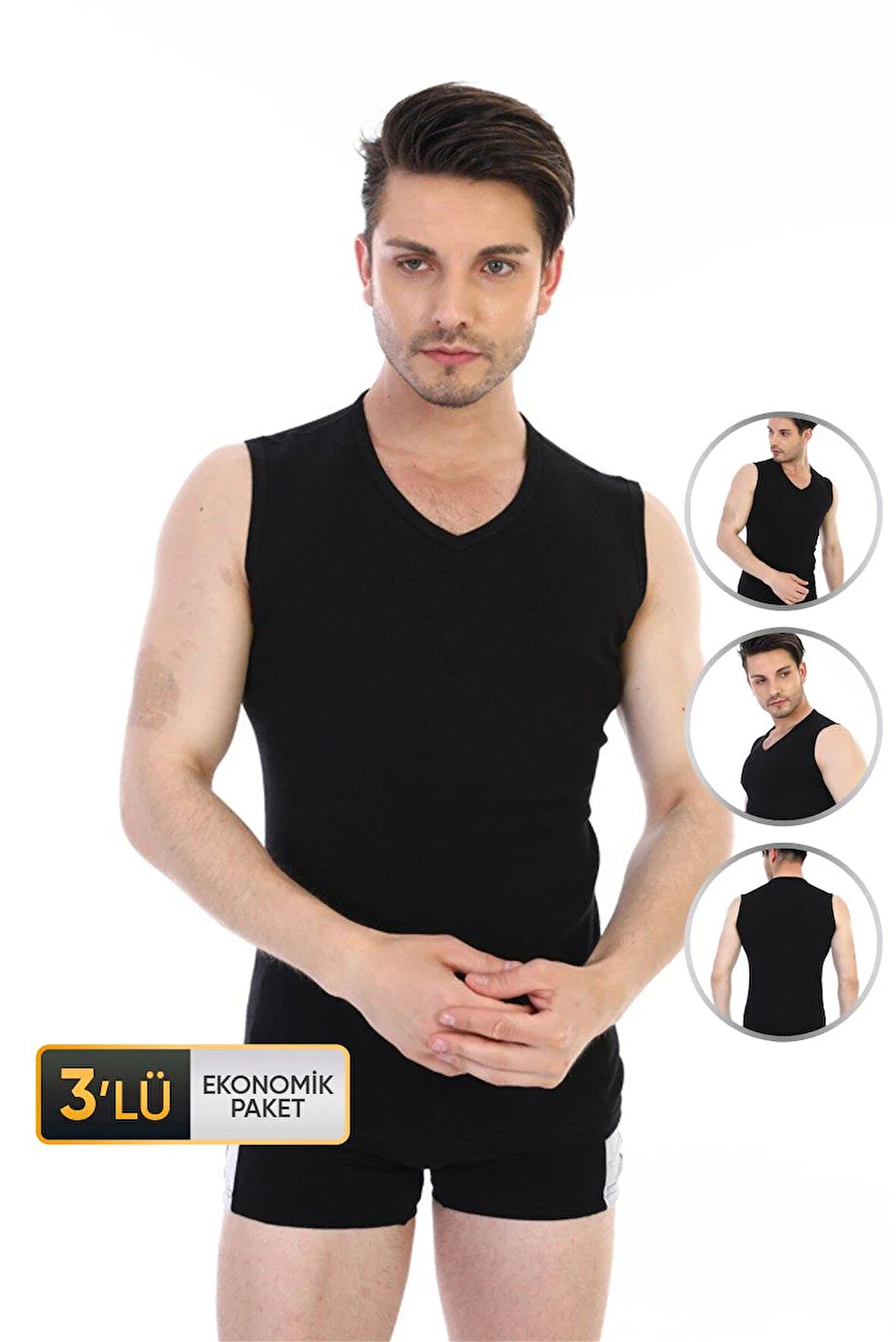 Erkek Ribana V Yaka Kolsuz Siyah Atlet 921 3'lü Ekonomik Paket