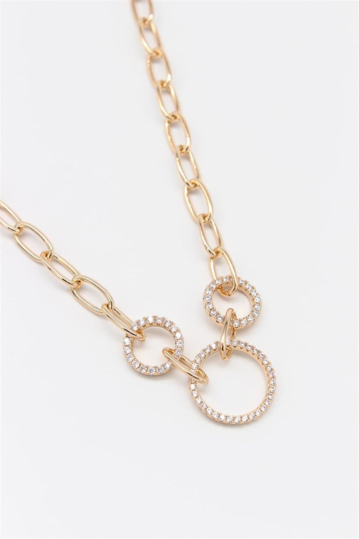 Çelik Gold Zirkon Üçlü Halka Kolye (45Cm)