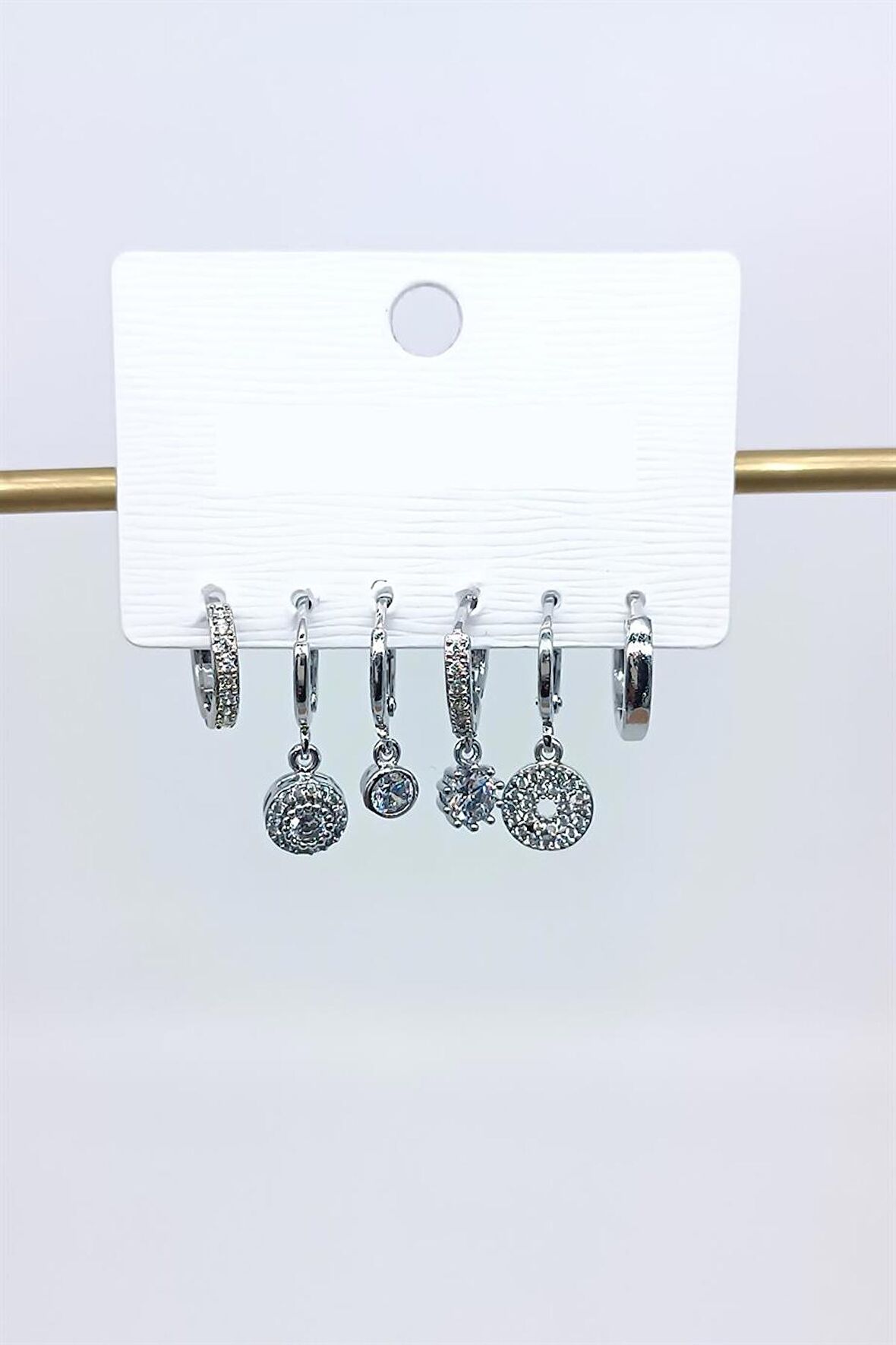 Çelik Gümüş Zirkon Taşlı Altılı Küpe Seti (20mm)