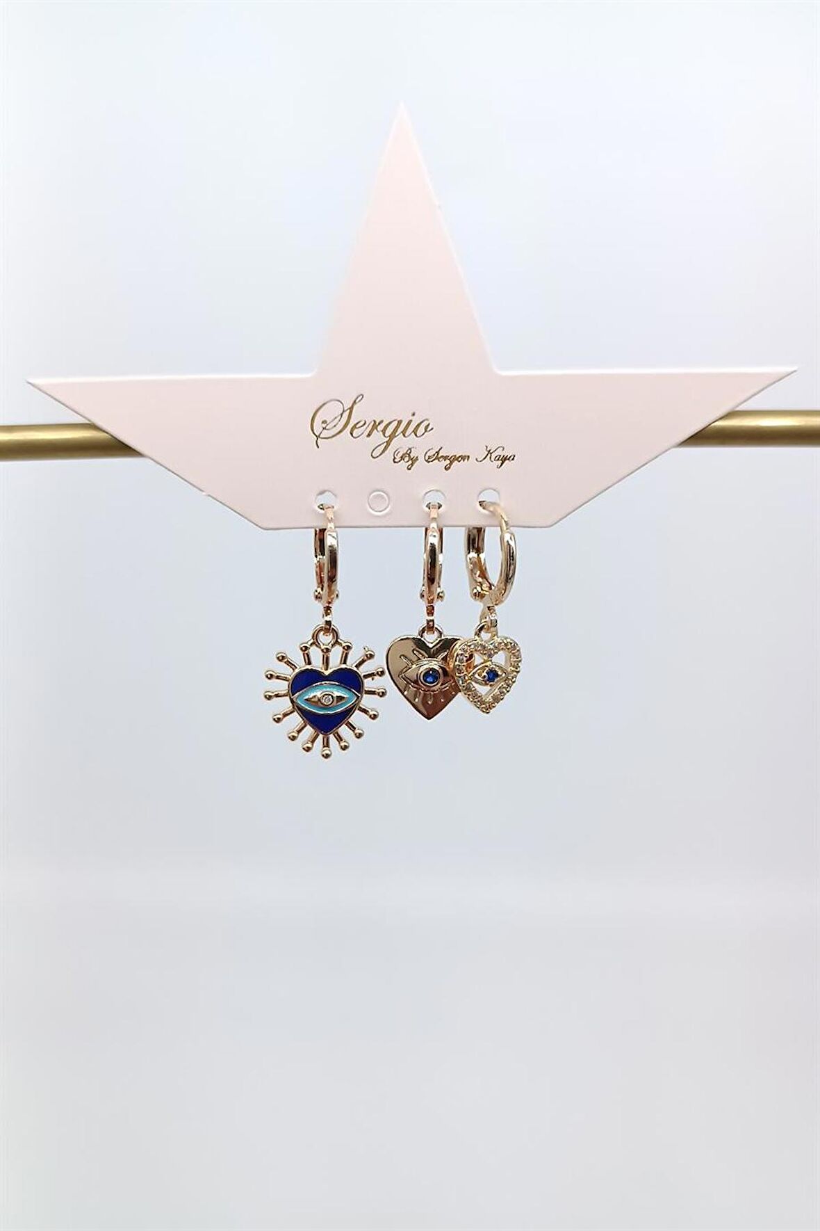 Çelik Gold Kalp Detay Zirkon Taşlı Nazar Göz Üçlü Küpe (25mm)