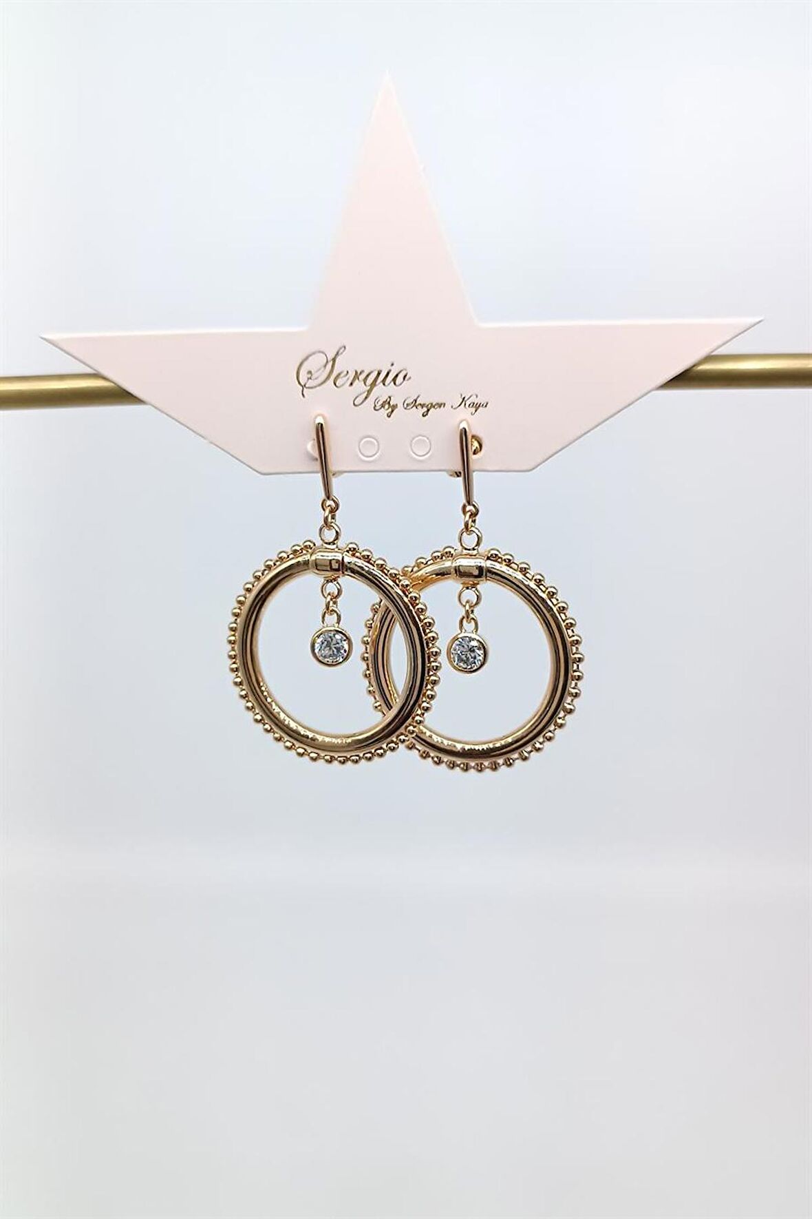 Çelik Gold Zirkon Taşlı Halka Küpe (40mm)