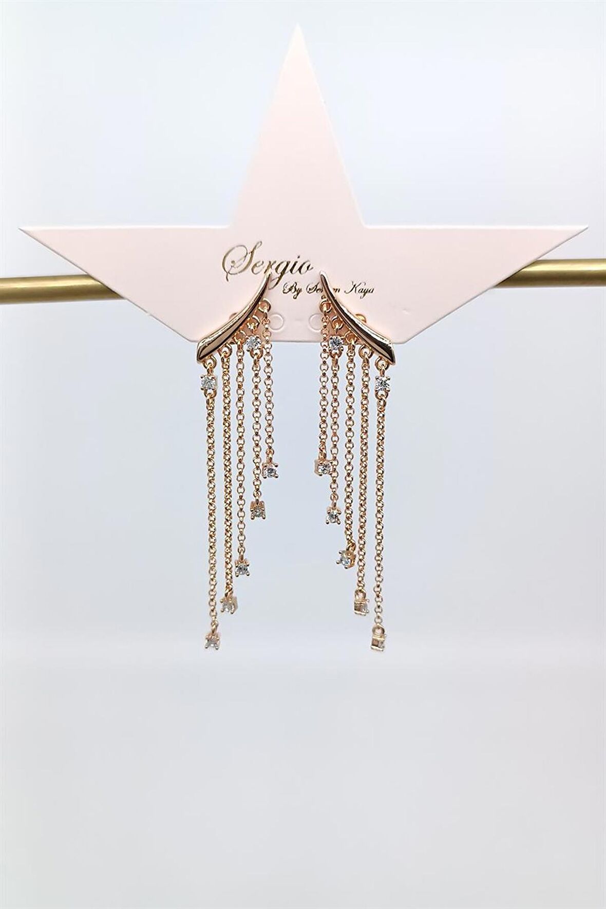 Çelik Gold Zirkon Taşlı Perde Model Sallantılı Küpe (55mm)