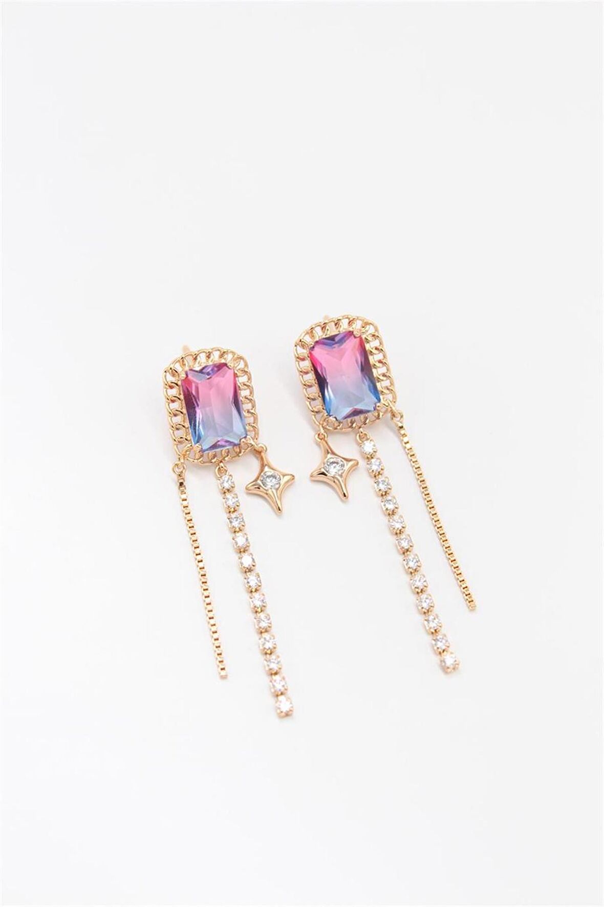 Çelik Gold Pembe ve Mor Detaylı Zirkon Sallantılı Tasarım Küpe (55mm)