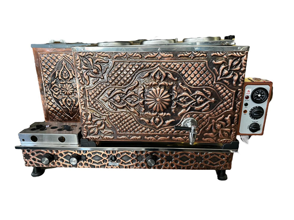 Meşale 3 Demlikli Antik Bakır Meşale Desen Full Otomatik Çay Kazanı
