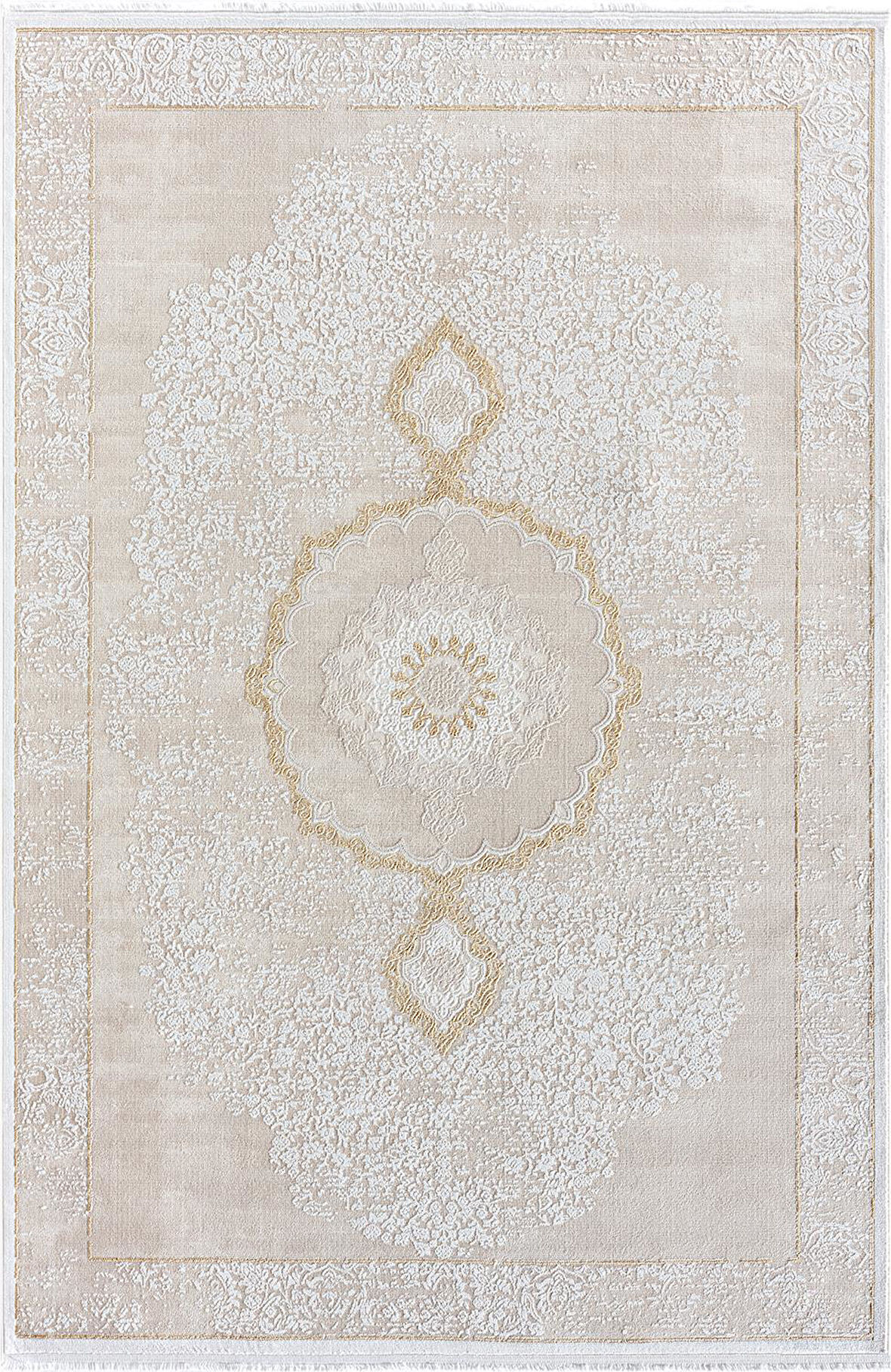 Elit El004s Krem Halı Gold Detaylı Göbekli Kenar Çerçeveli Ince Yumuşak Akrilik Tozuaz Modern Salon