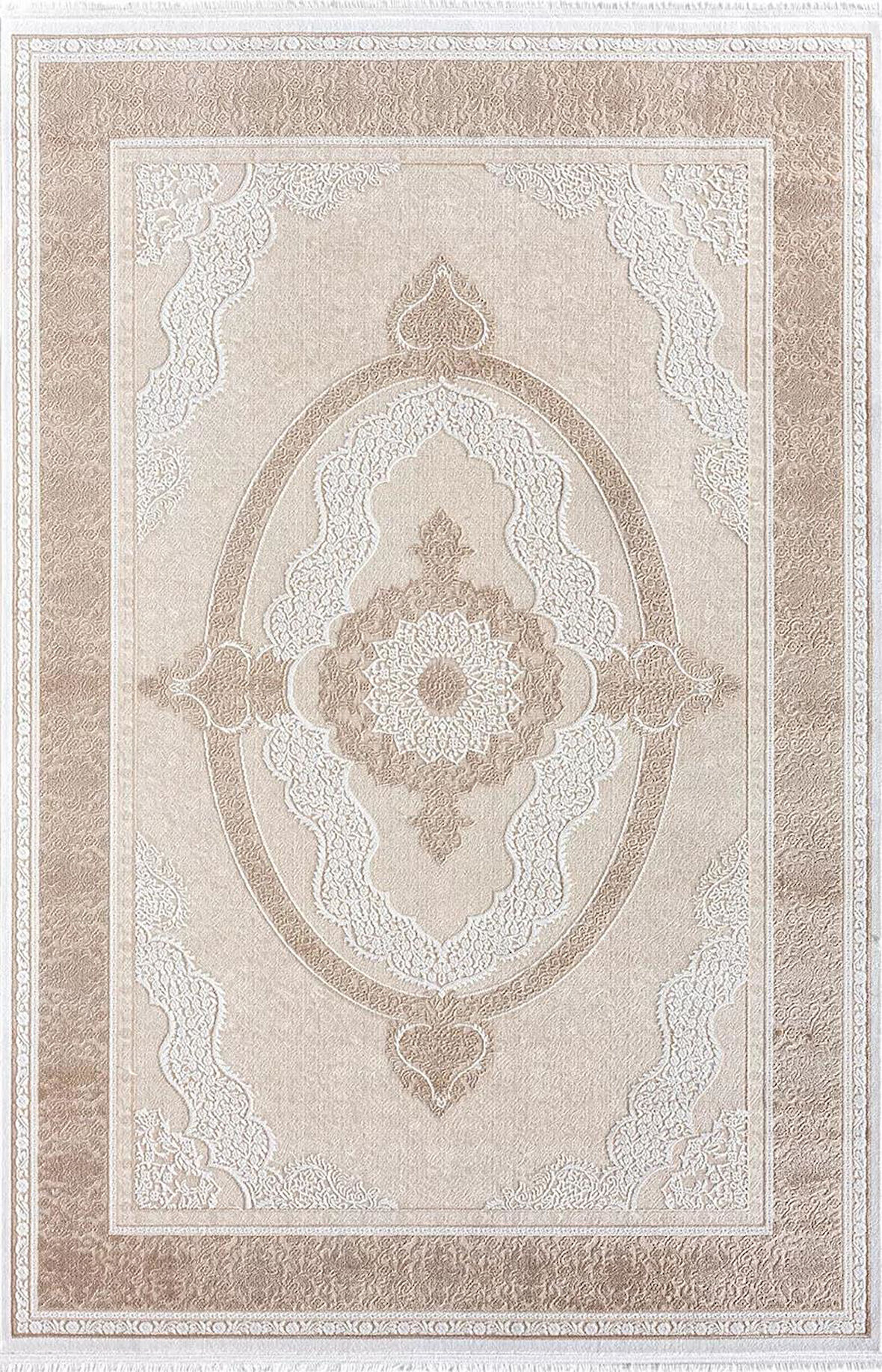 Elit El005a Krem Halı Toprak Detaylı Göbekli Kenar Çerçeveli Ince Yumuşak Akrilik Tozuaz Modern