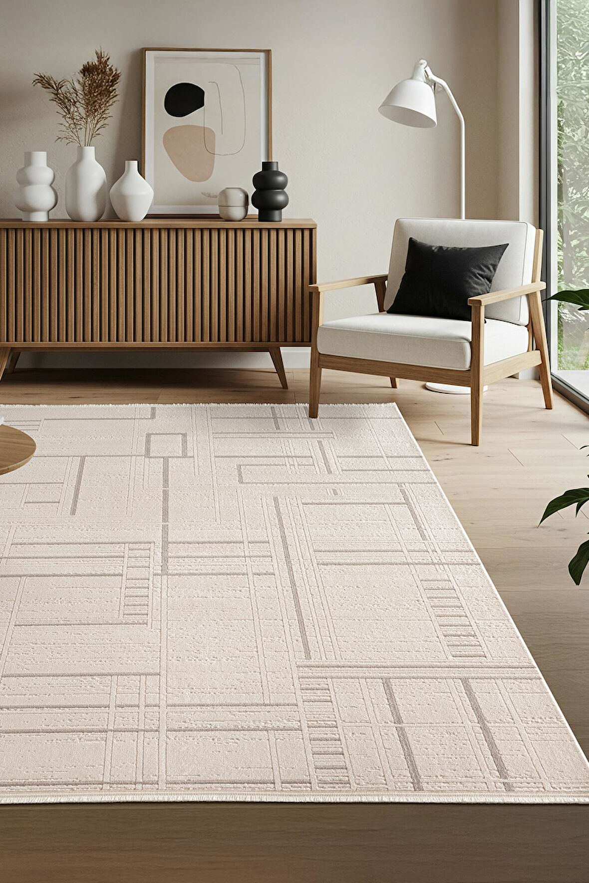 Leon LN004A Krem Halı Modern Desen Pamuk Taban Akrilik Tozuaz Salon Yatak Odası Koridor Halısı