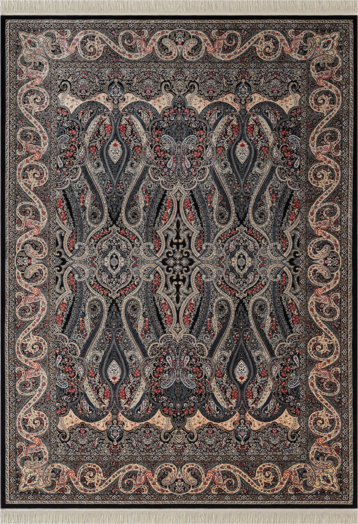 Diamente DM001R Bej Siyah Çerçeveli Klasik Desen 100?Tarak Bambu Viskon Renkli Halı İpek Serisi