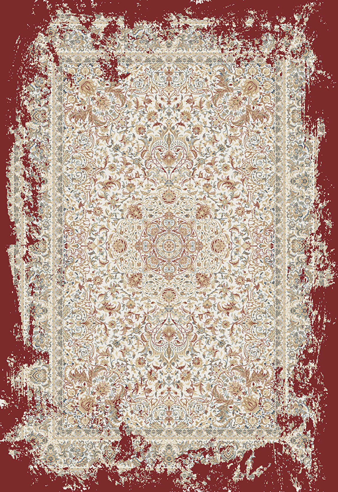 Diamente DM005J Krem Kırmızı Çerçeveli Halı Modern Klasik Desen 100 Tarak Bambu Viskon İpek Serisi