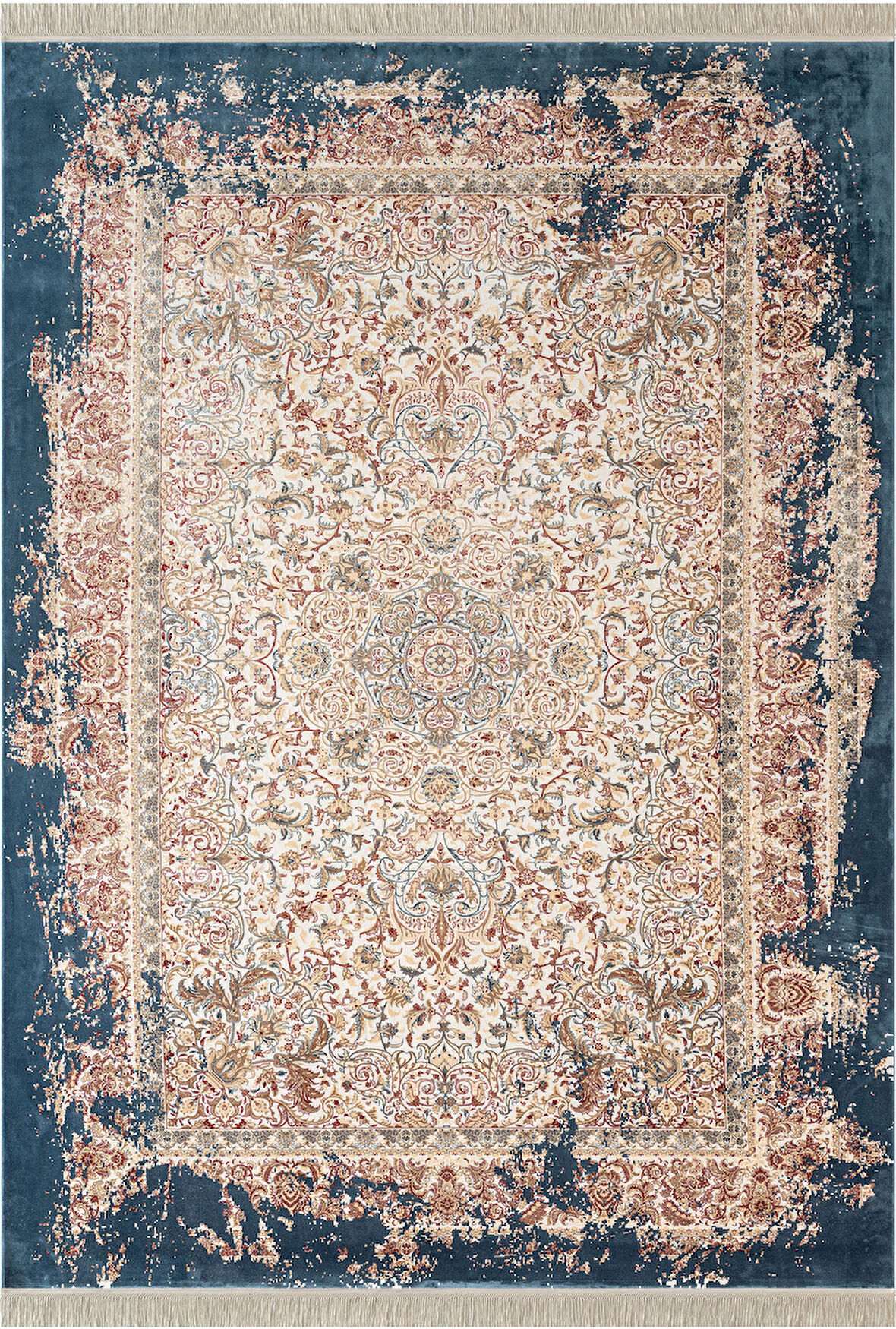 Diamente DM005M Krem Koyu Mavi Çerçeve Halı Modern Klasik Desen 100 Tarak Bambu Viskon İpek Serisi