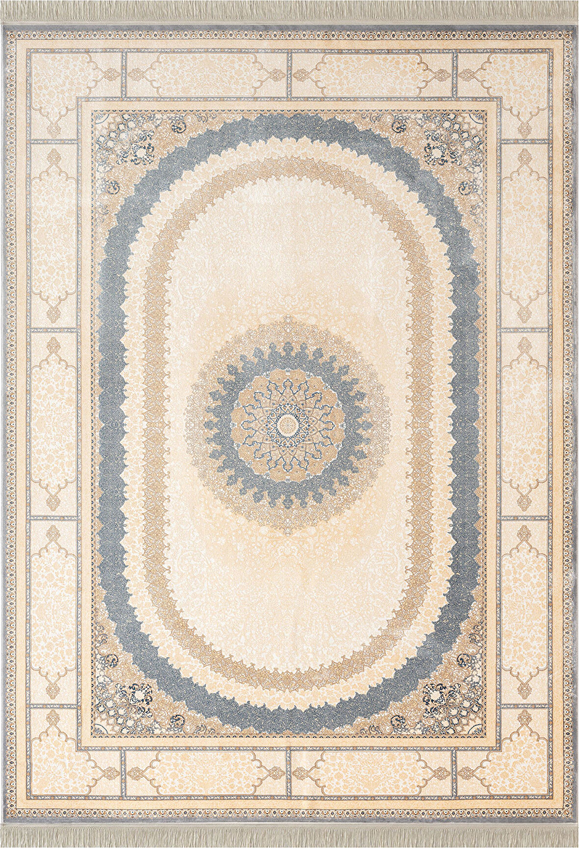 Imperial Luxe IL002M Krem Gri Çerçeveli Göbekli Halı Klasik Desen 100 Tarak Bambu Viskon İpek Serisi