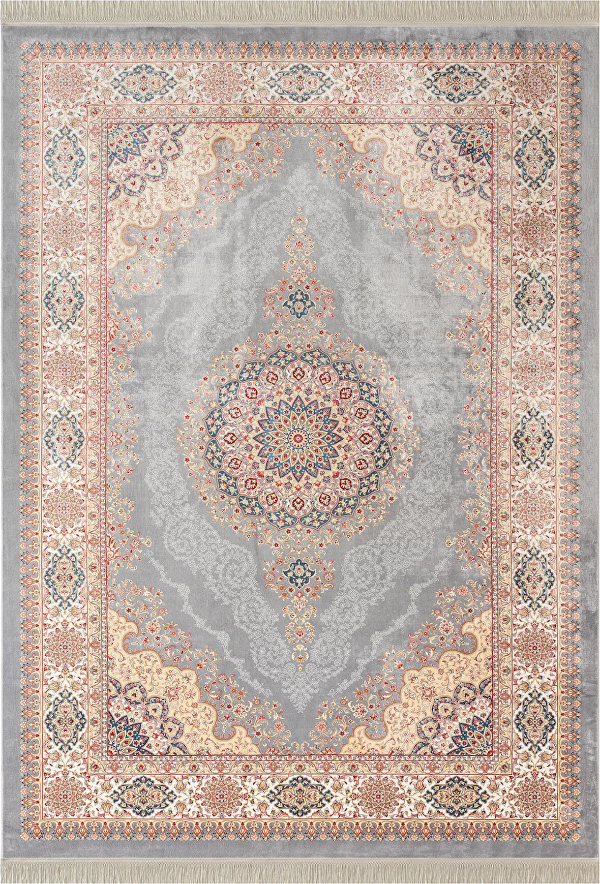 Imperial Luxe IL004G Gri Krem Çerçeveli Göbekli Halı Klasik Desen 100 Tarak Bambu Viskon İpek Serisi