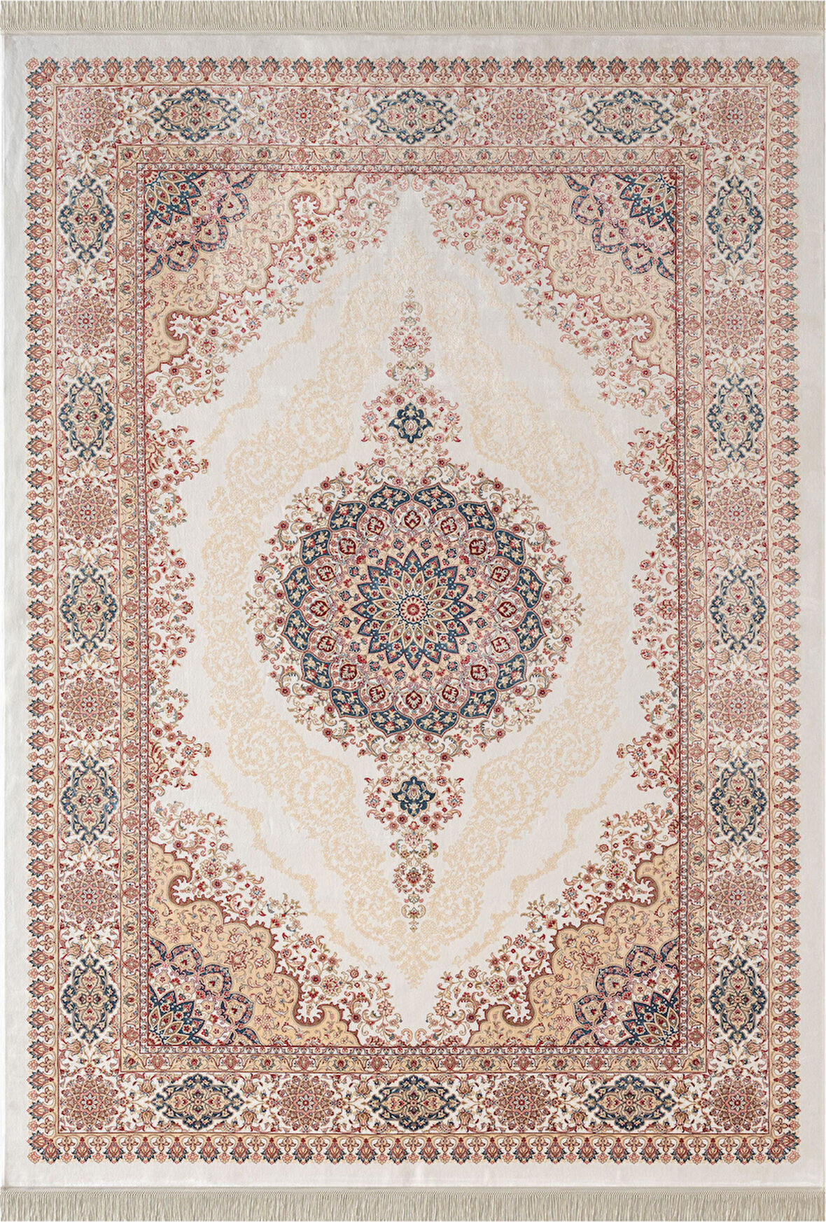 Imperial Luxe IL004R Krem Çerçeveli Göbekli Halı Klasik Desen 100 Tarak Bambu Viskon İpek Serisi