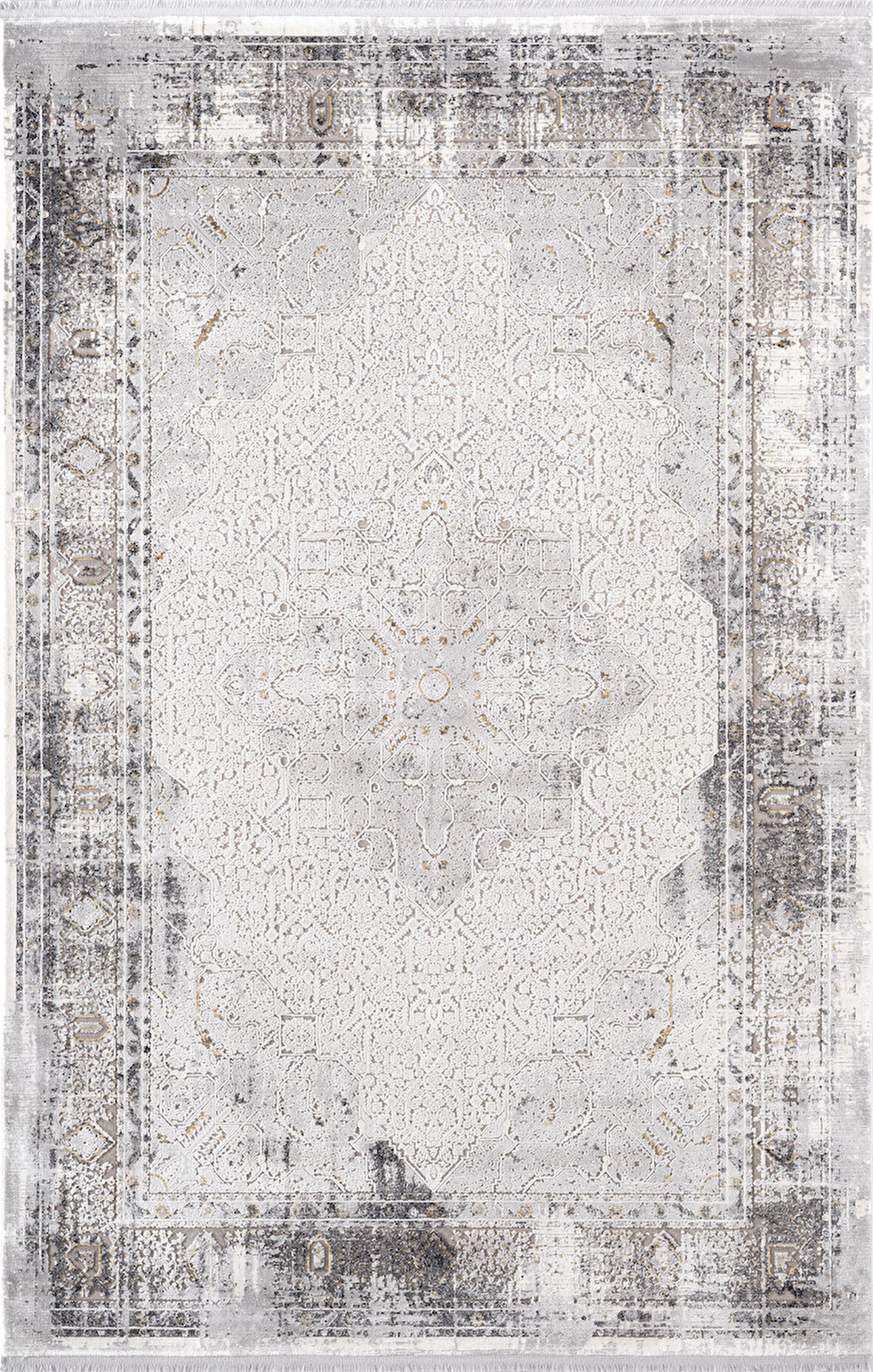 Vogue VG008Z Koyu Gri Çerçeveli Göbekli Klasik Desen Modern Renk 100 Tarak Salon Halısı İpek Serisi