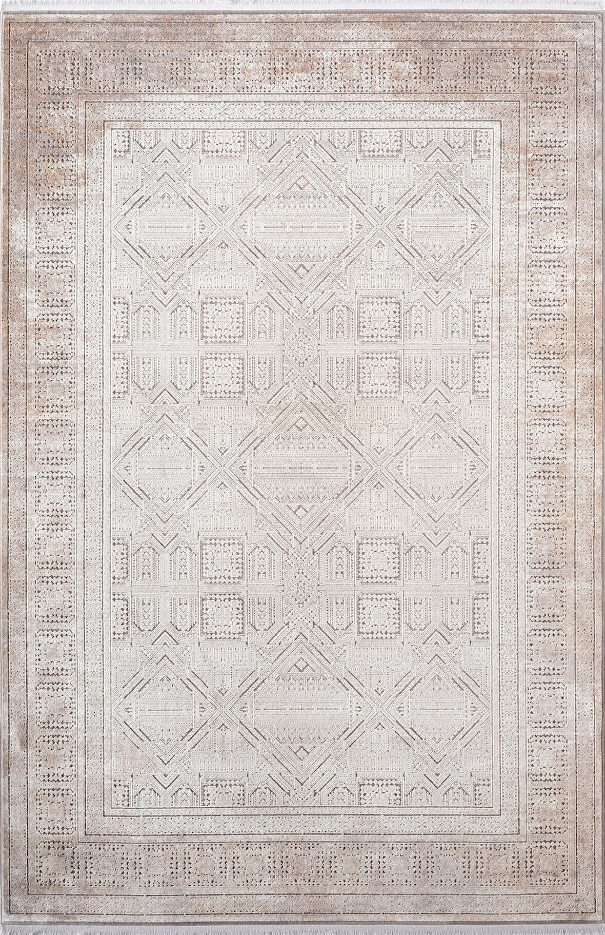 Vogue VG009A Bej Gri Çerçeveli Geometrik Desen Modern Renk 100 Tarak Salon Halısı İpek Serisi