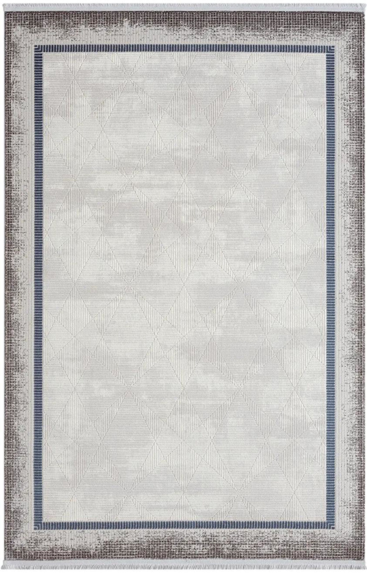 Dark Dk012m Gri Halı Lacivert Kenar Çerçeveli Geometrik Detaylı Akrilik Tozuaz Modern Salon Halısı