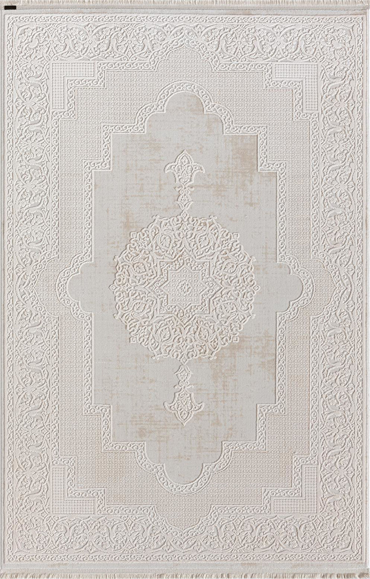 Truva Tv001a Krem Halı Kenar Çerçeveli Göbekli Kalın Akrilik Tozuaz Modern Klasik Salon Halısı