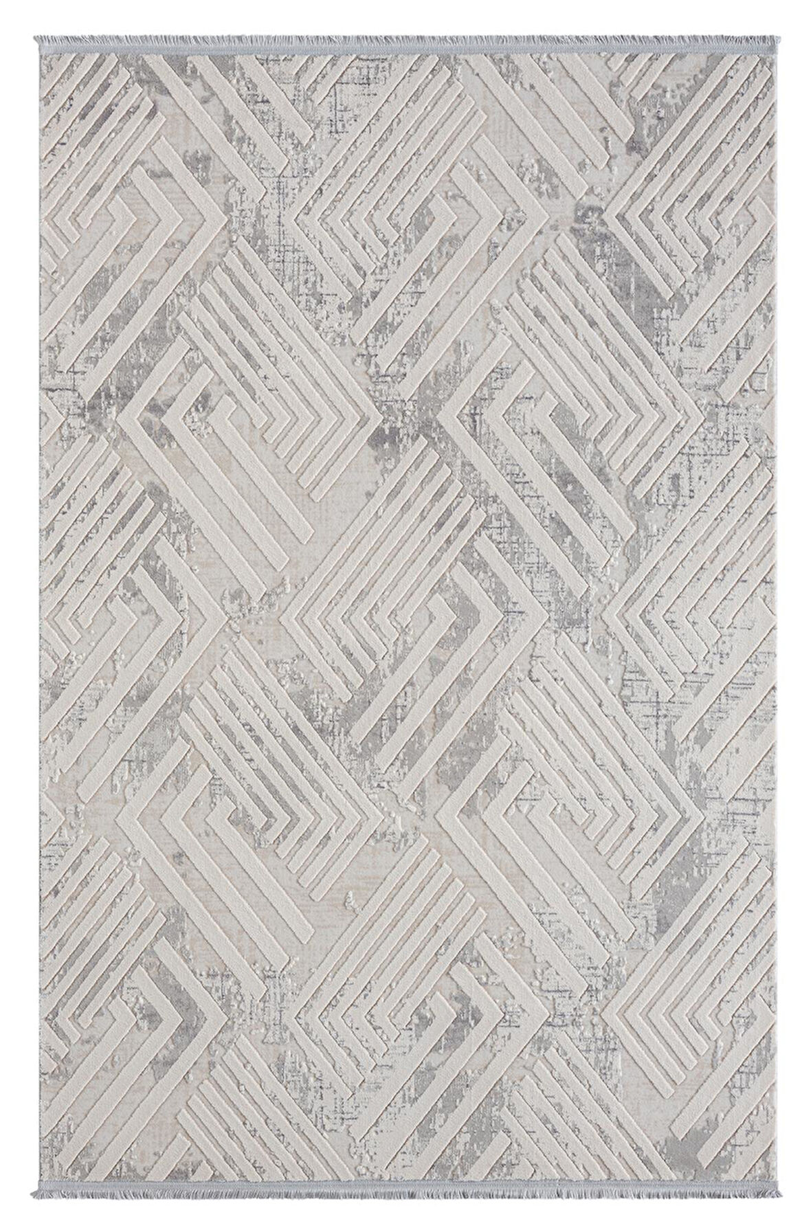 Kaftan Kf006g Bej Halı Gri Detaylı Geometrik Kabartma Desenli Akrilik Halı Tozuaz Salon Halısı