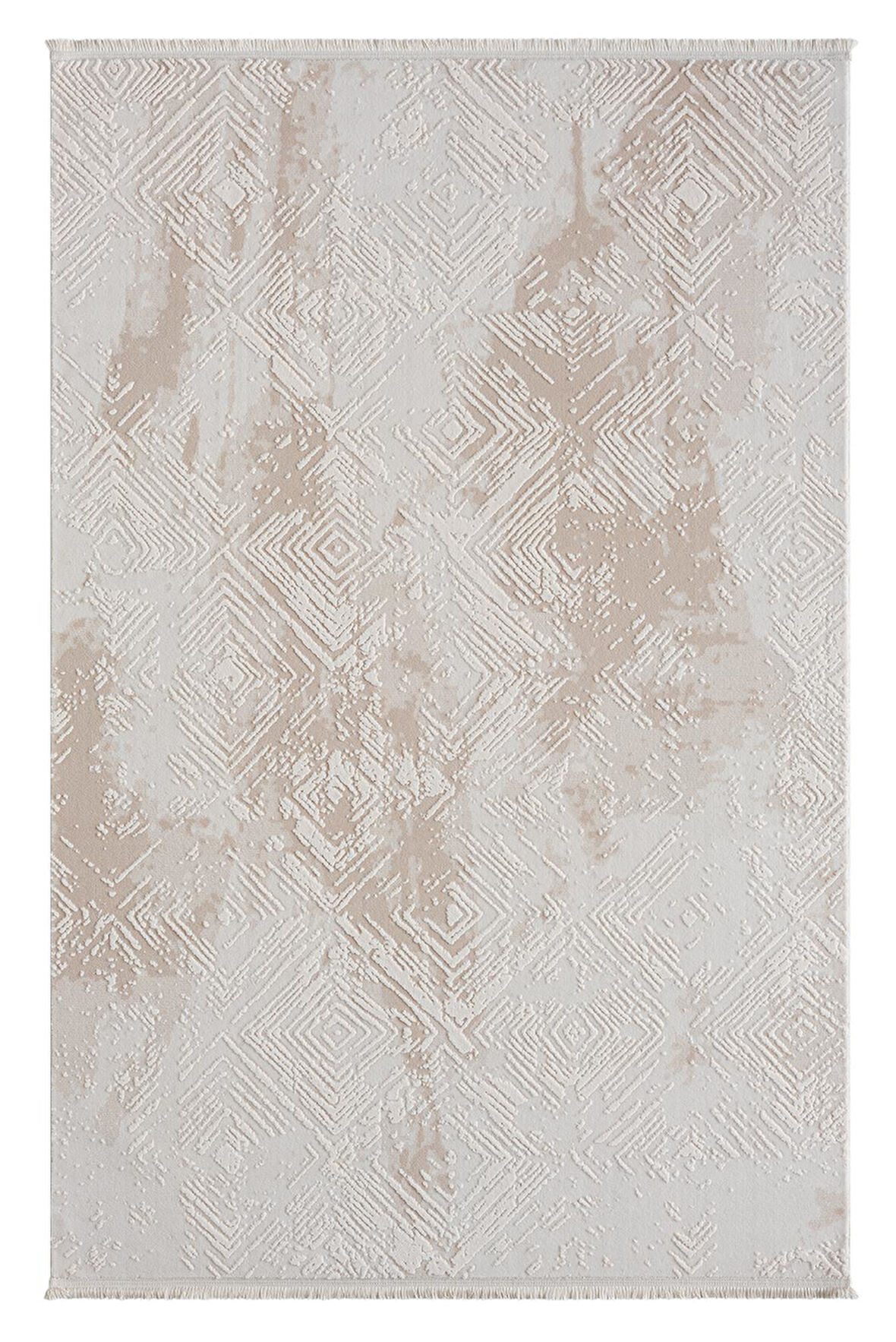 Kaftan Kf007b Bej Halı Geometrik Kabartma Desenli Akrilik Halı Tozuaz Salon Halısı Yatak Odası 