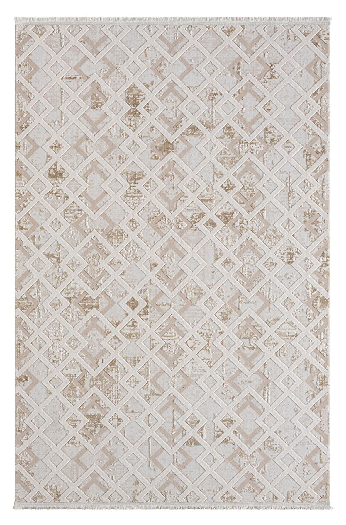 Kaftan Kf008a Bej Halı Kahverengi Detaylı Geometrik Kabartma Desenli Akrilik Halı Tozuaz