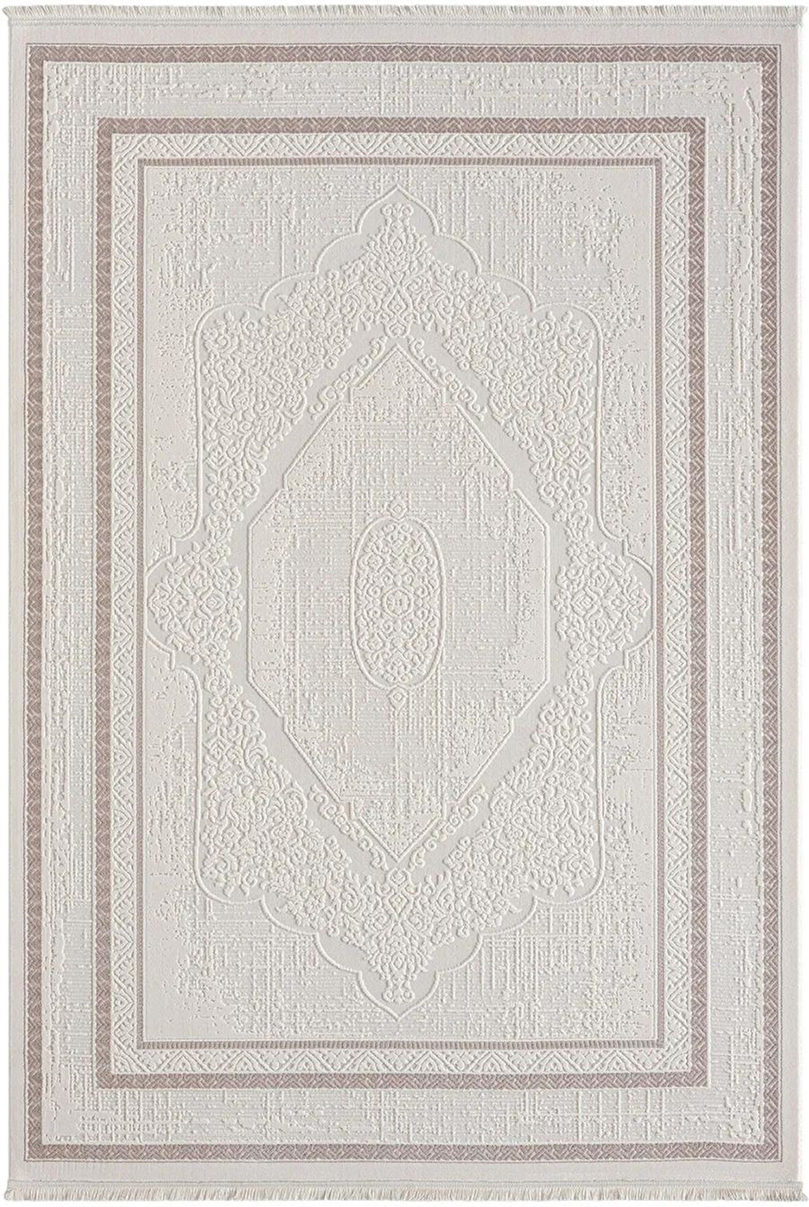 Truva Tv014a Bej Halı Kenar Çerçeveli Göbekli Desen Kalın Akrilik Tozuaz Modern Salon Halısı