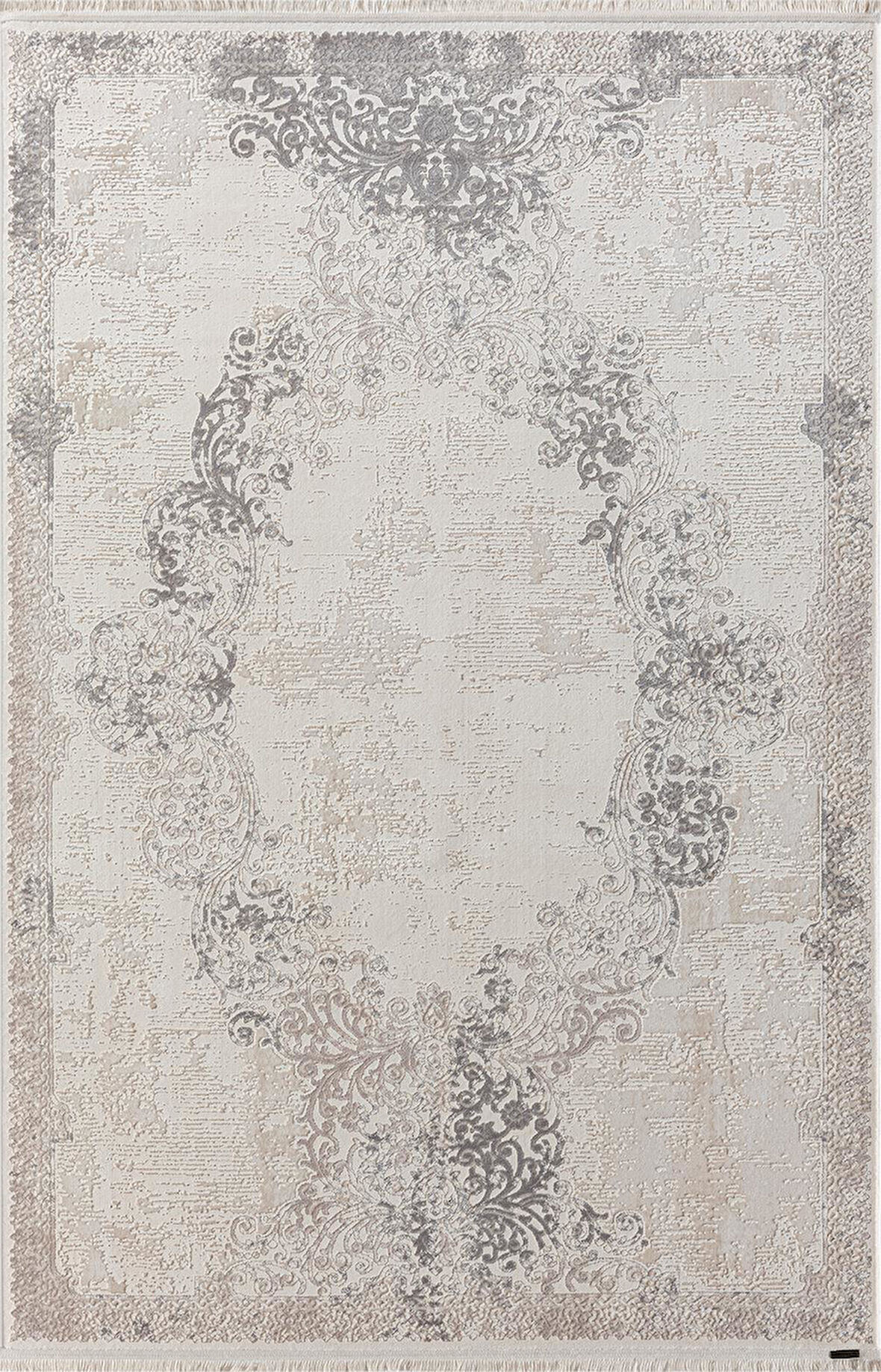 Truva 8355 Krem Halı Bej Gri Detaylı Kenar Çerçeveli Göbekli Kalın Akrilik Tozuaz Modern Klasik Halı