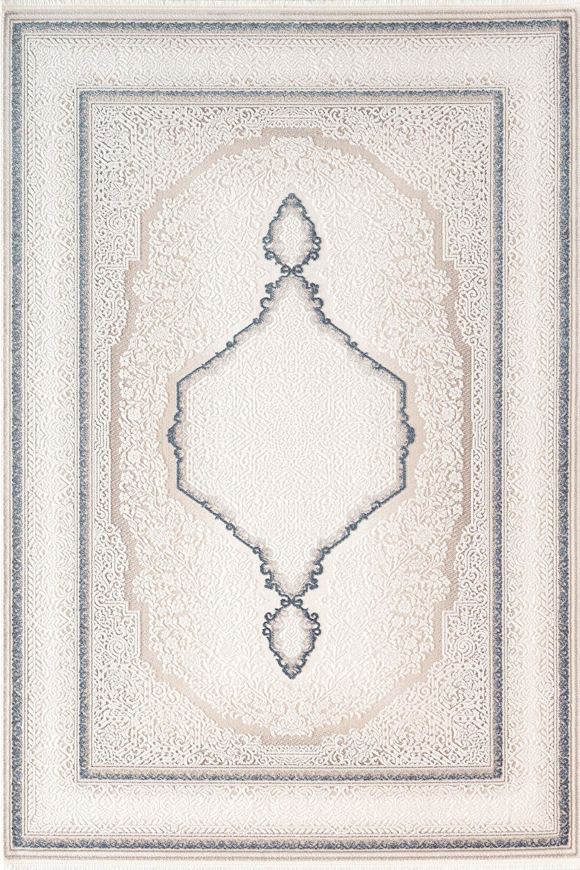 İndigo ID001M Krem Mavi Klasik Çerçeveli Desen Akrilik İplik Tozuaz Pamuk Taban Salon Mutfak Halısı