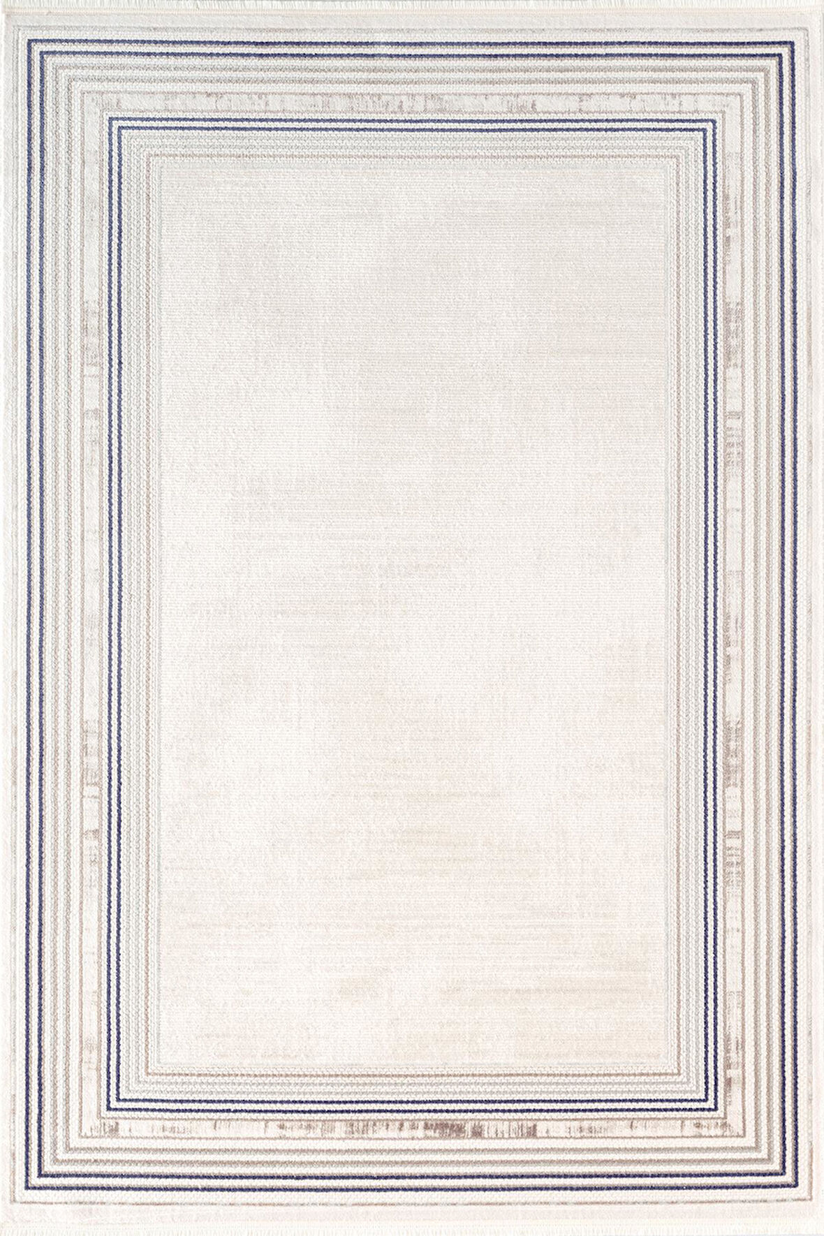 İndigo ID005M Krem Mavi Klasik Çerçeveli Desen Akrilik İplik Tozuaz Pamuk Taban Salon Mutfak Halısı