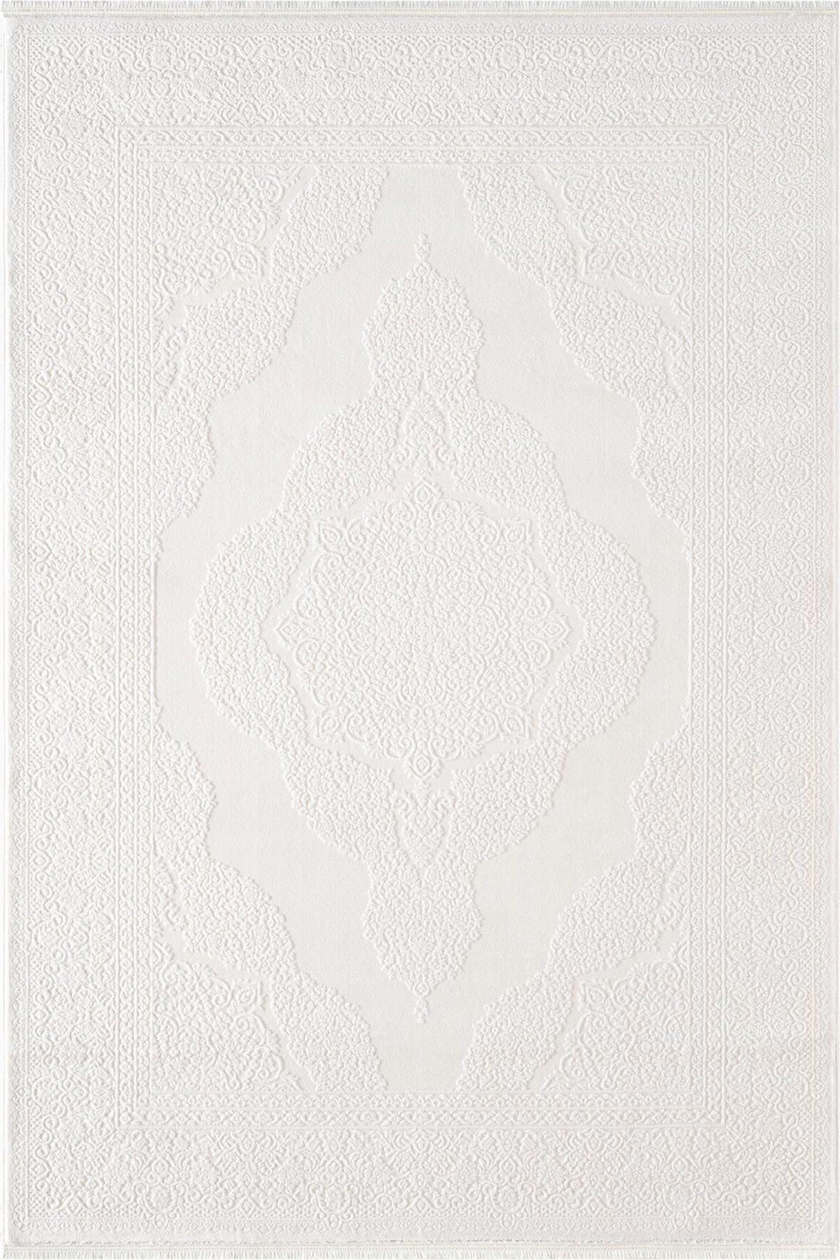 İndigo ID006W Beyaz Klasik Çerçeveli Desen Akrilik İplik Tozuaz Pamuk Taban Salon Mutfak Halısı