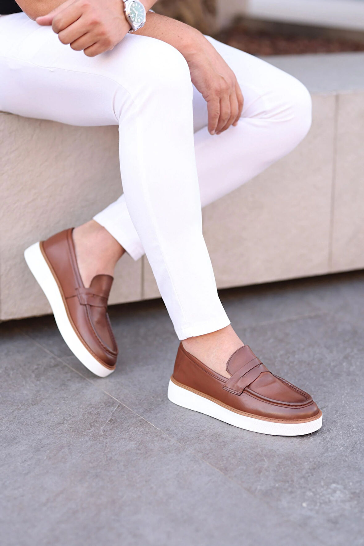 LFR-F083-1 DERI MERDANE AYAKKABI Koyu Taba