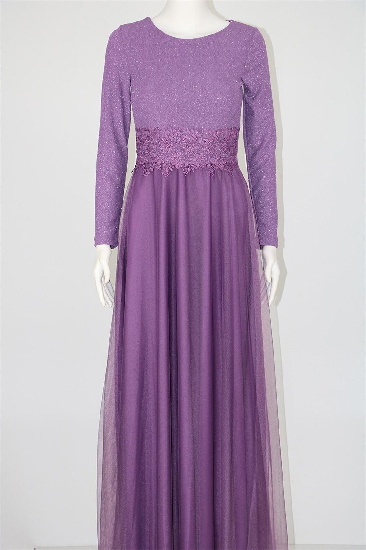 38035 Beli Dantel Şeritli Uzun Kol U.Elbise