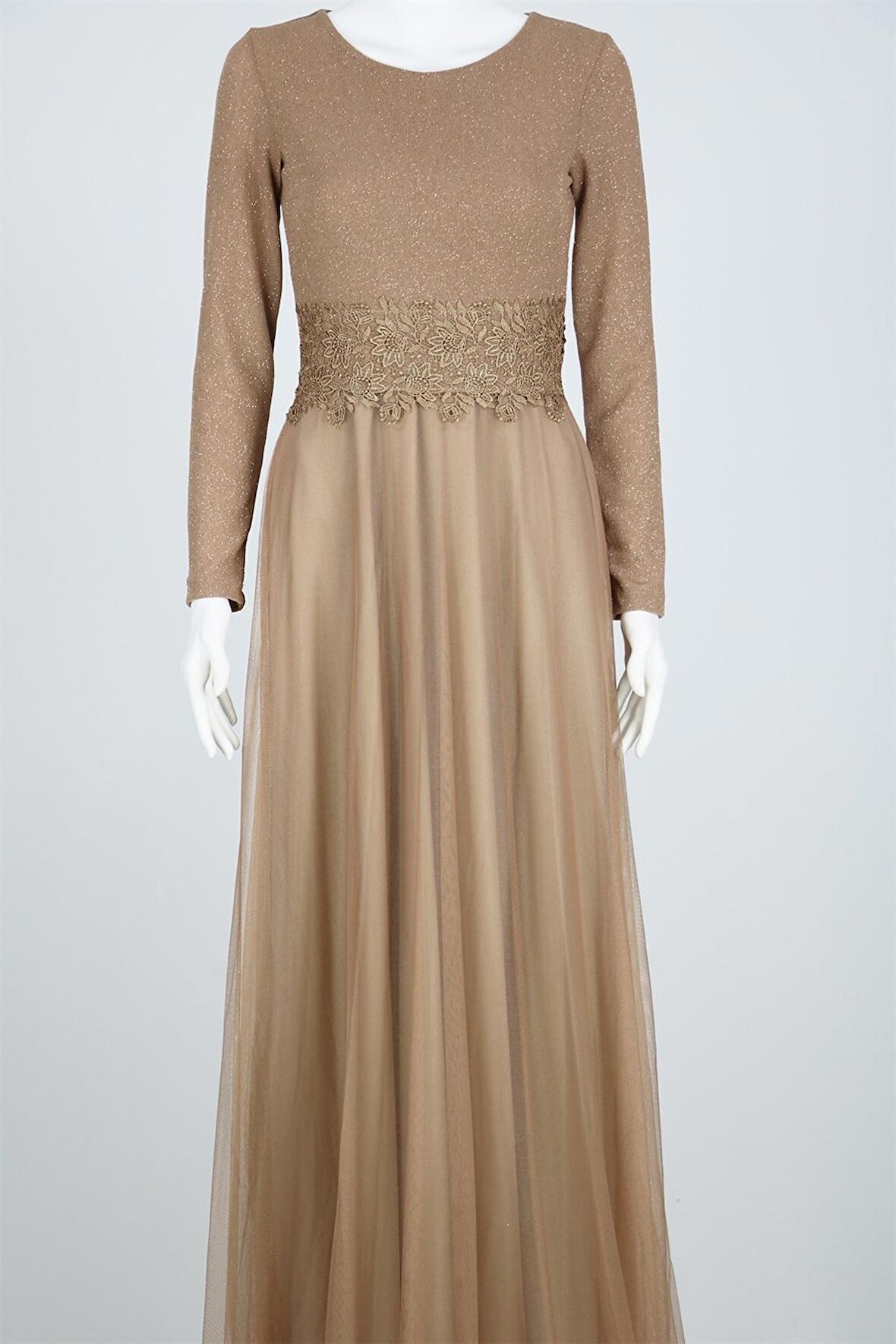 38035 Beli Dantel Şeritli Uzun Kol U.Elbise