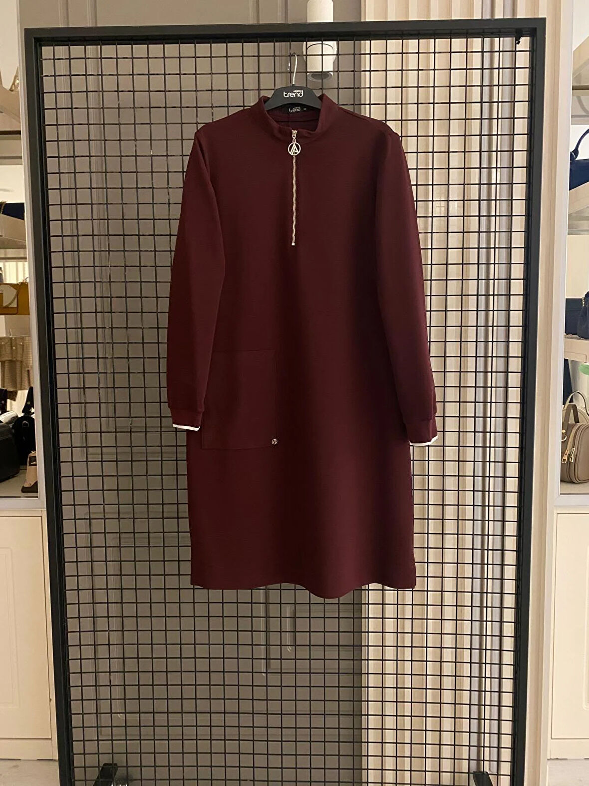 ARMİNE TREND Yakası Fermuarlı Kolları Ribanalı Örme Kumaş Tunik Bordo 24KT453