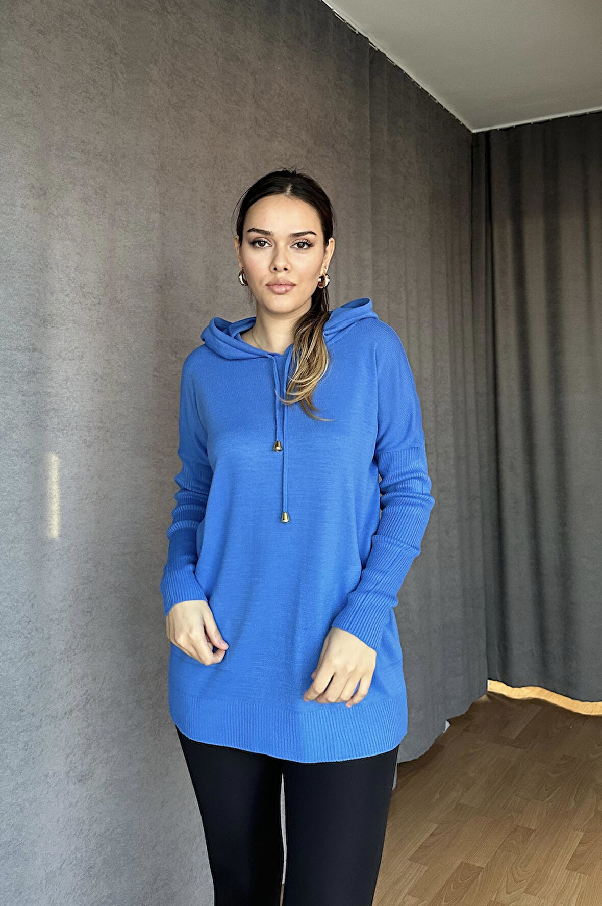 Kapüşonlu Cepli Triko Kazak Açık Mavi