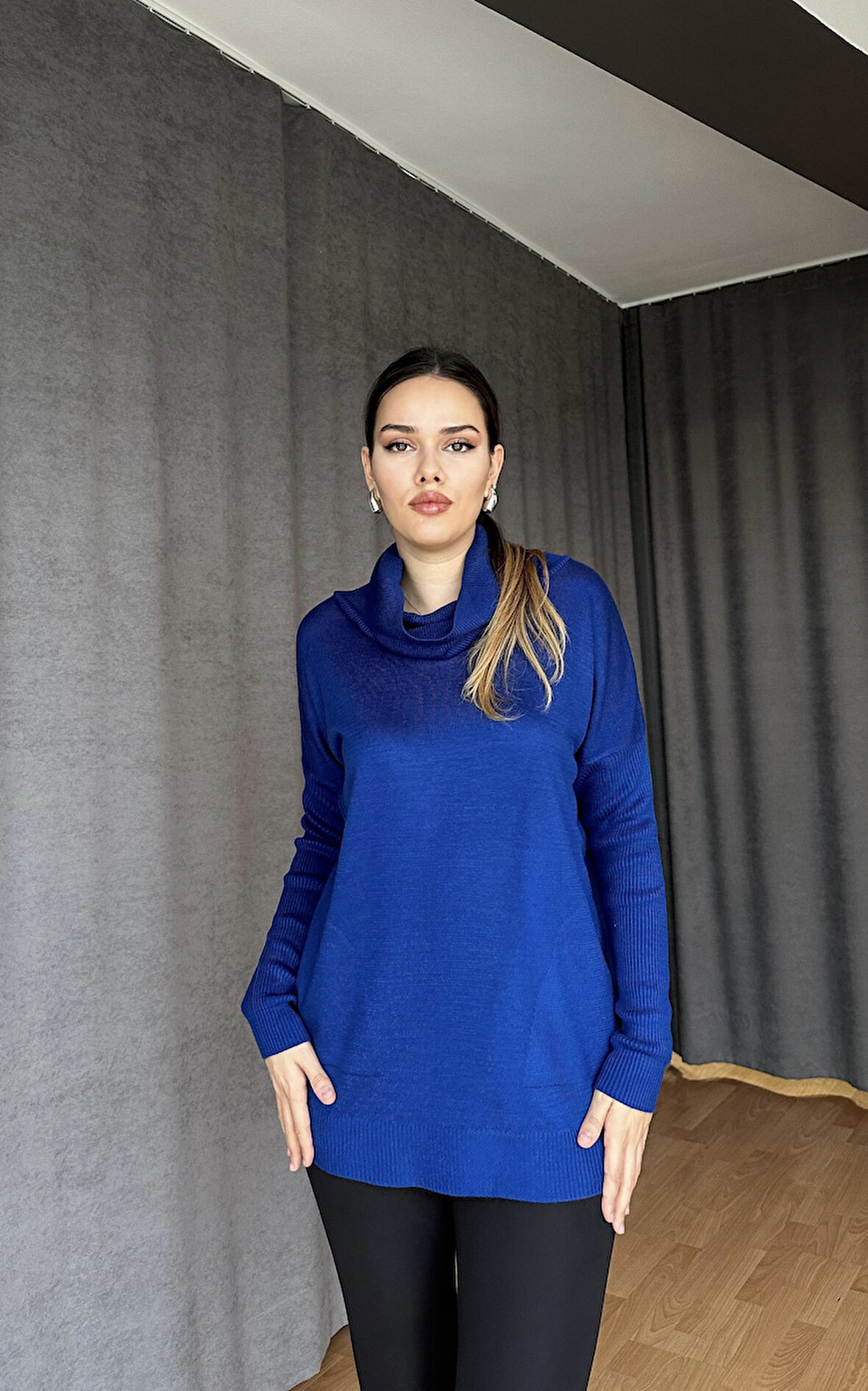 Degaje Yaka Triko Kazak Saks Mavi